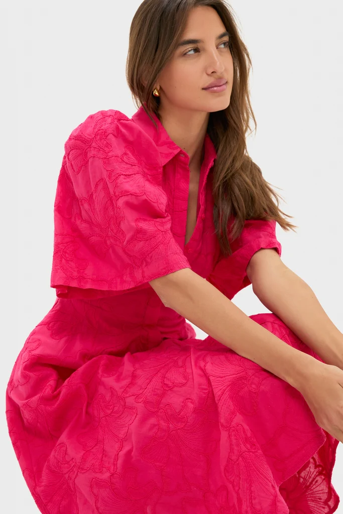 Pink Textured Floral Cindy Midi Dress - Image 6