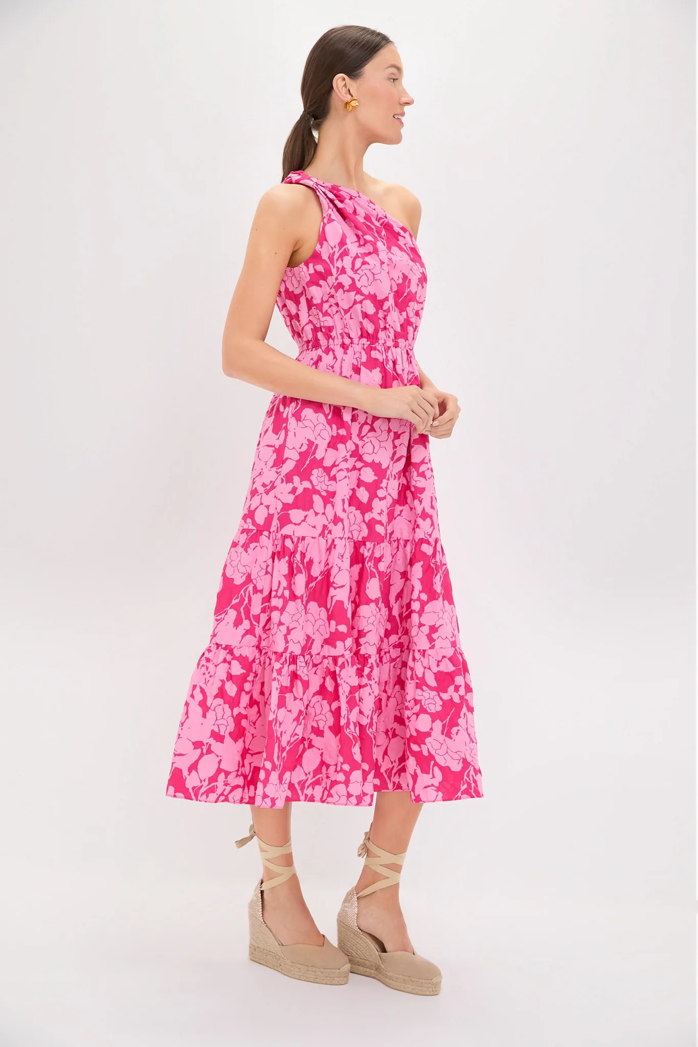 Pink Textured Floral One Shoulder Sybil Maxi Dress - Image 3