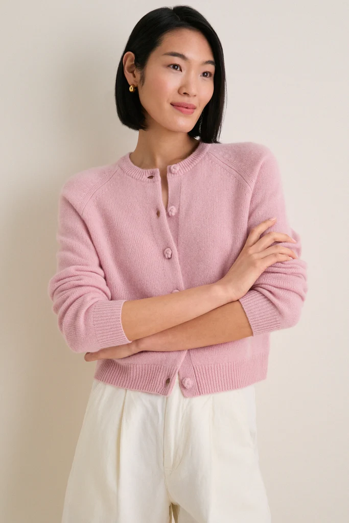 Powder Pink Cashmere Knot Button Phoebe Cardigan