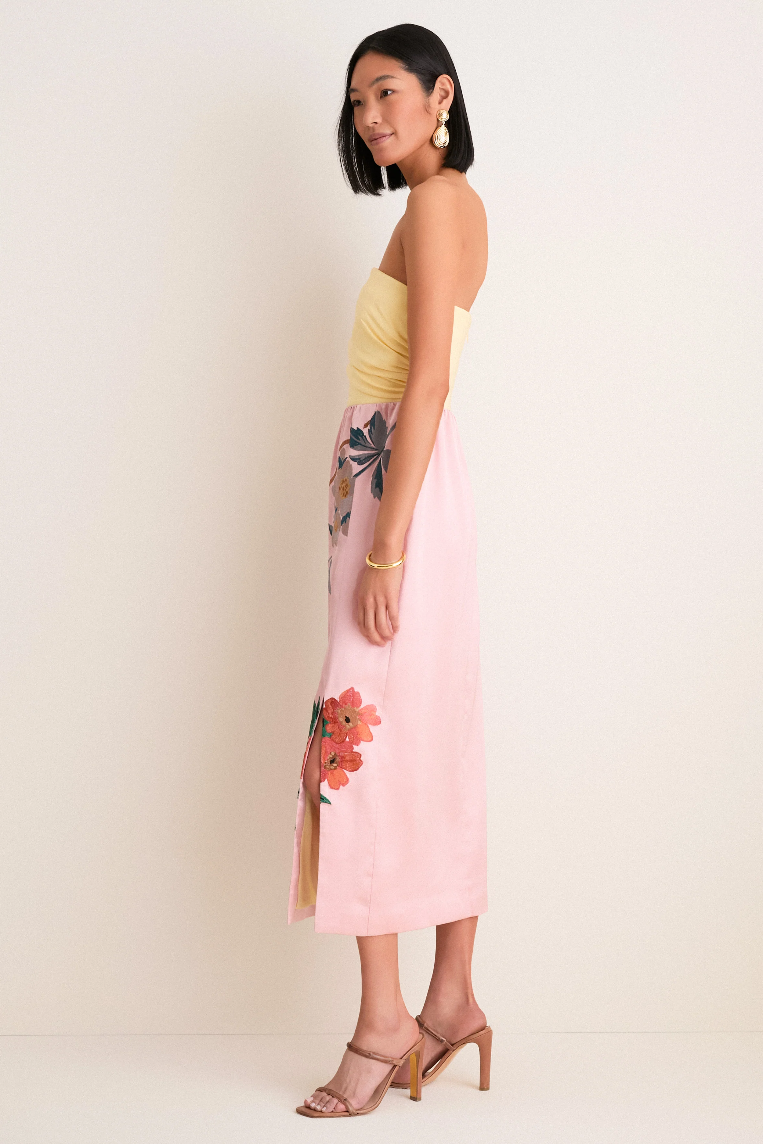 Powder Pink Embroidered Satin Strapless Sonia Dress - Image 3