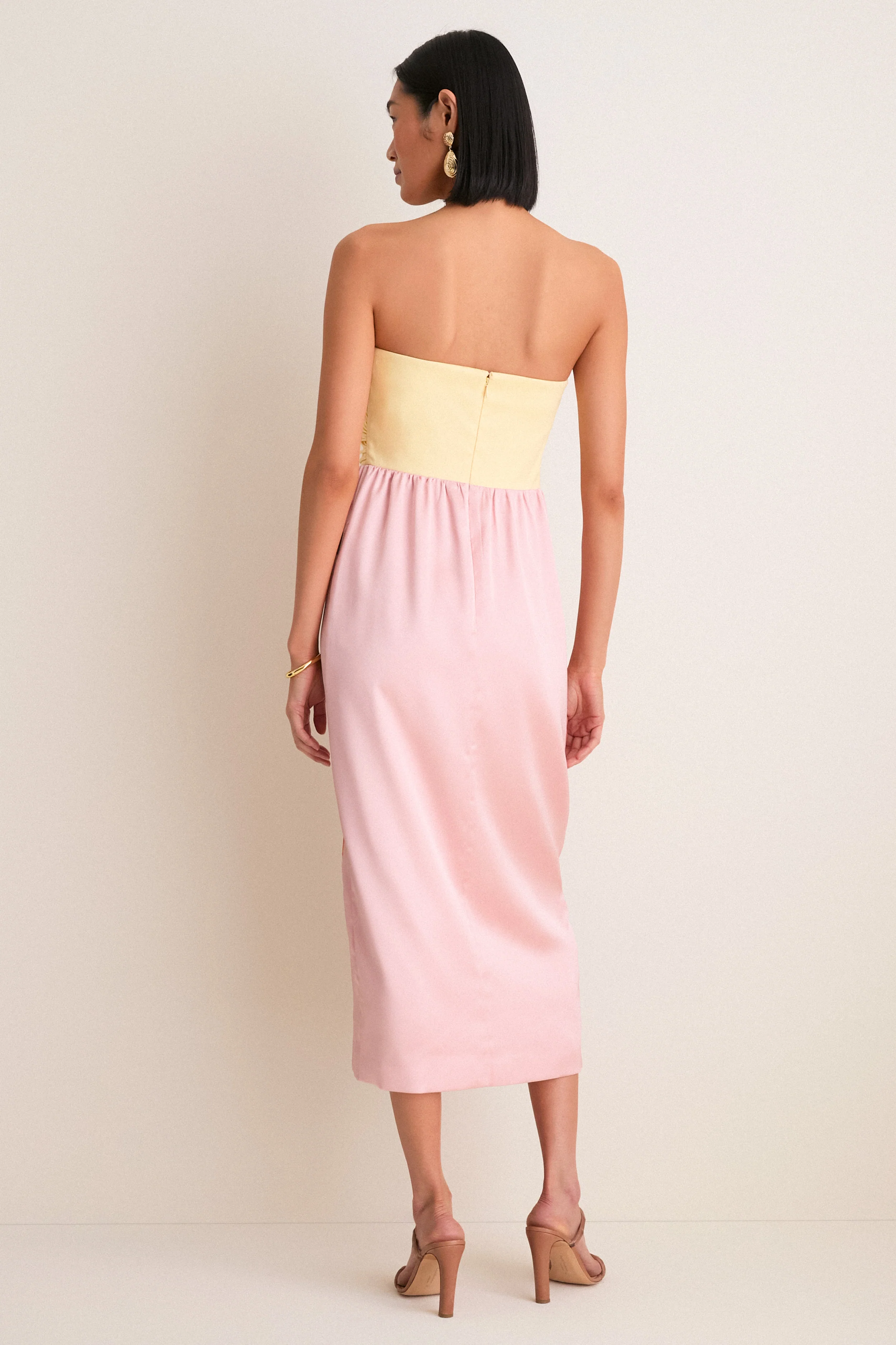 Powder Pink Embroidered Satin Strapless Sonia Dress - Image 4