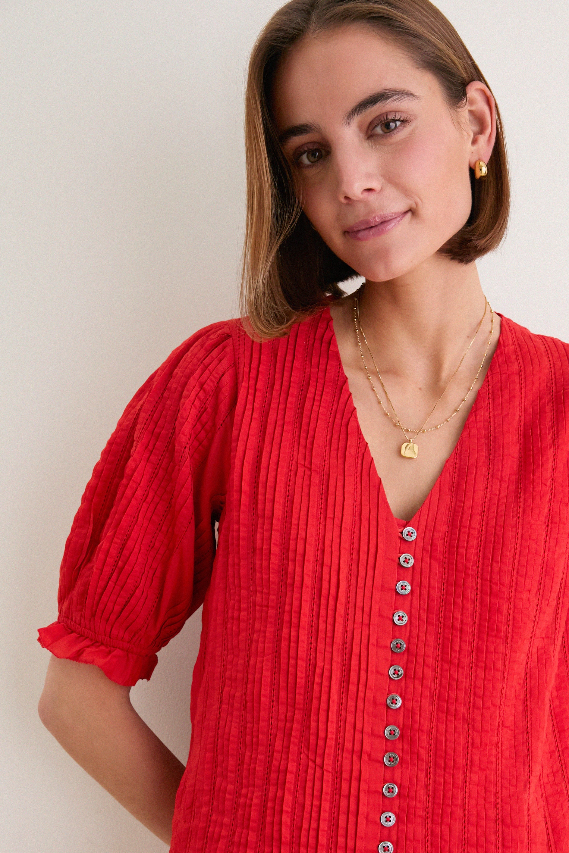 Red Alberte Solid Puff Sleeve Dress - Image 5