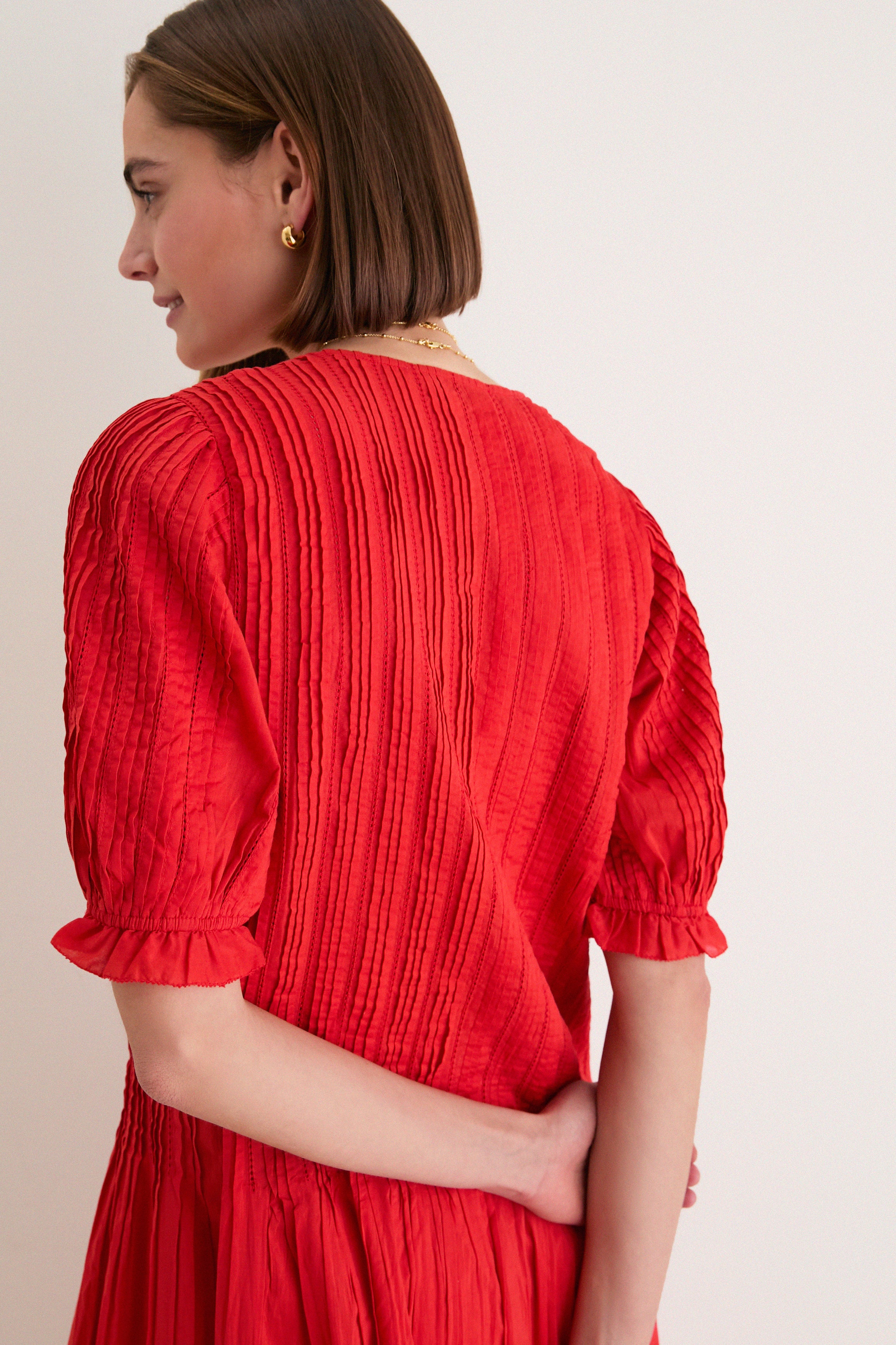 Red Alberte Solid Puff Sleeve Dress - Image 6