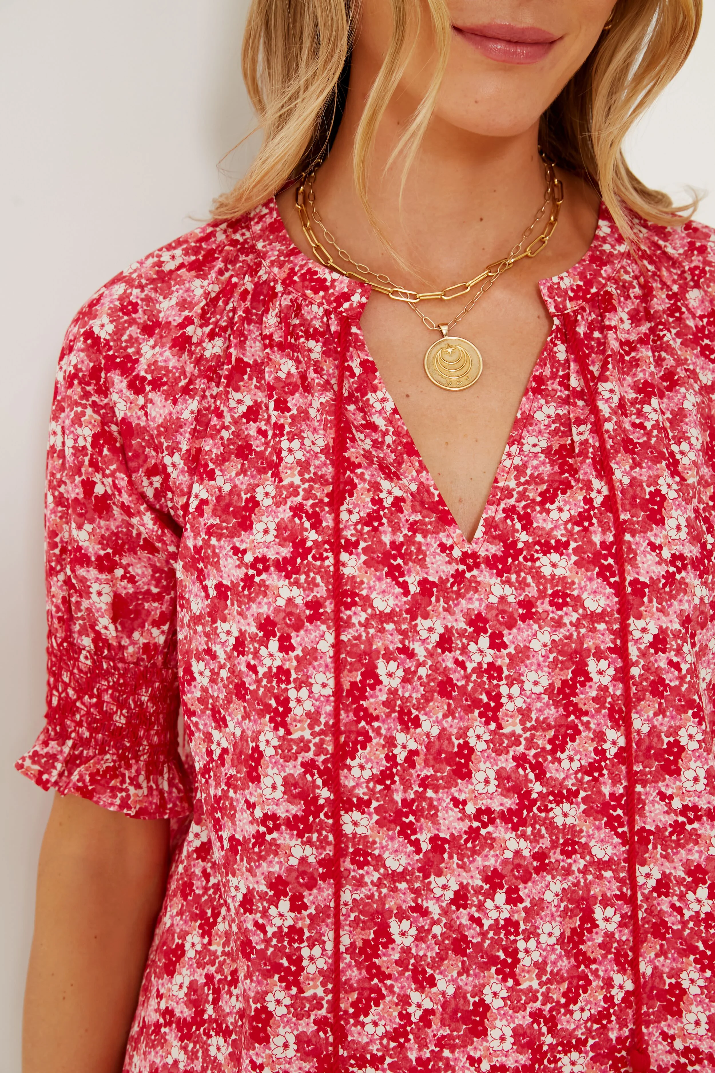 Red and Pink Floral V-Neck Colleen Blouse - Image 5