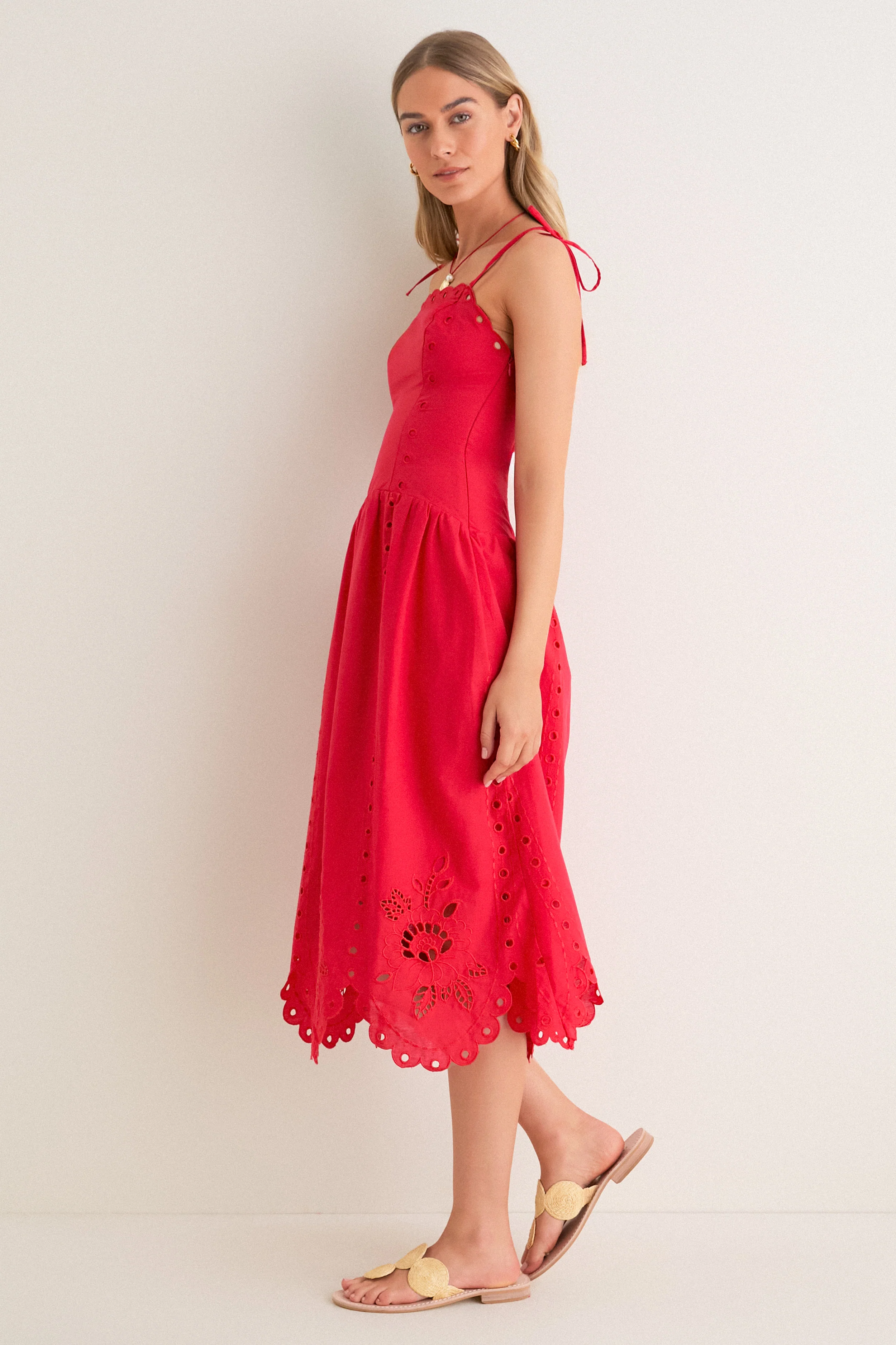 Red Eyelet Detail Midi Dress - Image 3