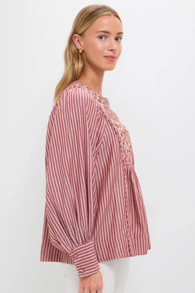 Red Lurex Stripe Hand Beaded Sydney Blouse - Image 4