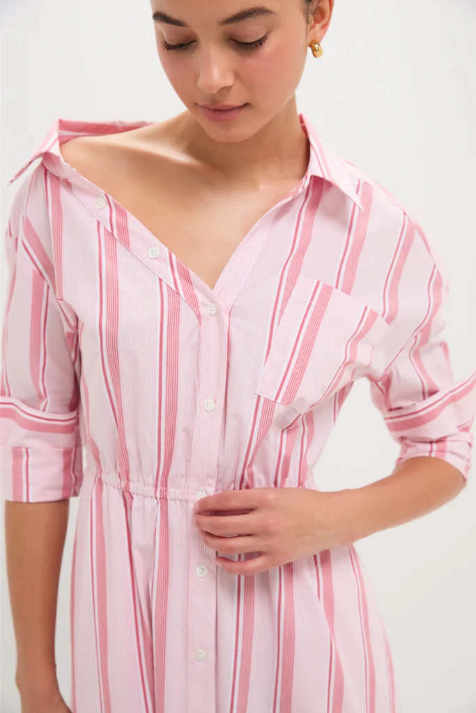 Red Stripe Falling Off the Shoulder Midi Dress - Image 2