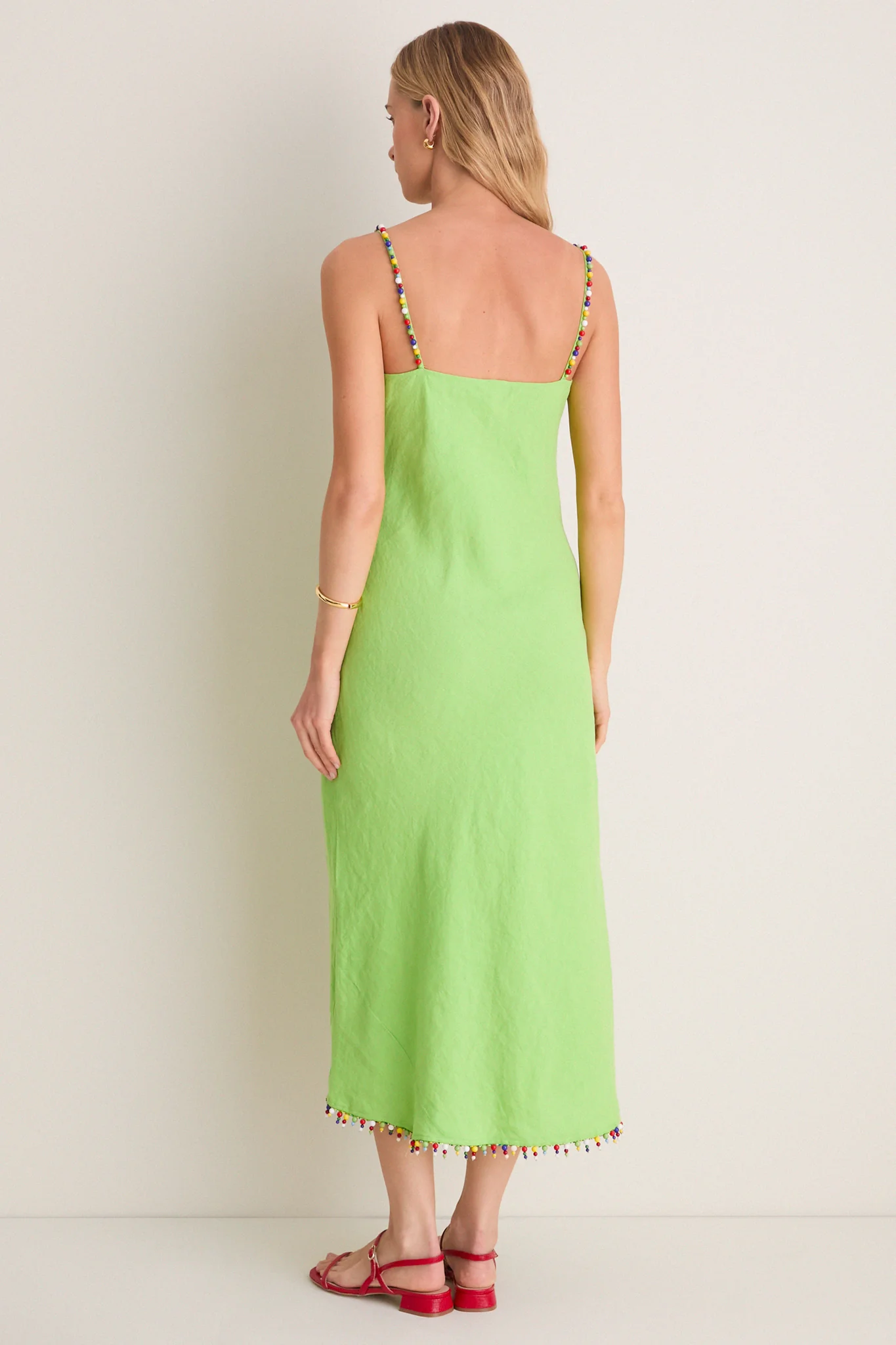 Riviera Green Linen Scoop Neck Beaded Dress - Image 4