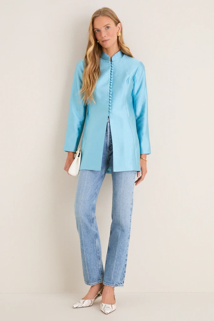 Robins Egg Blue Dupioni Mandarin Collar Tamara Tunic - Image 3