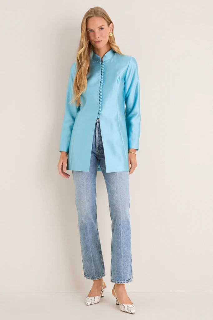 Robins Egg Blue Dupioni Mandarin Collar Tamara Tunic - Image 6