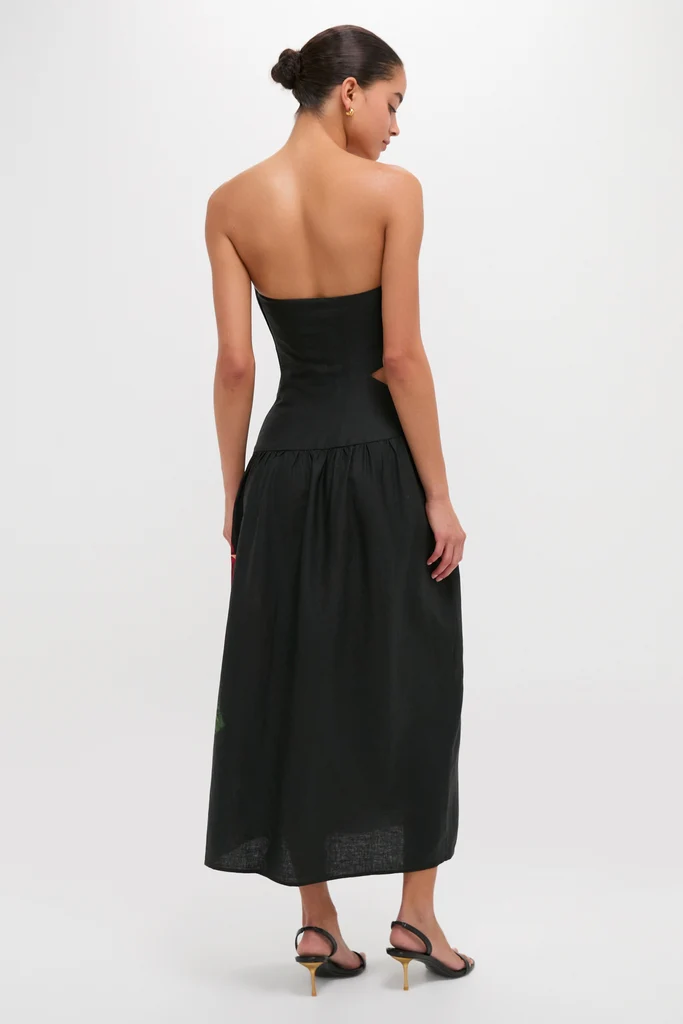 Rosalia Placed Black Artisanal Strapless Midi Dress - Image 5