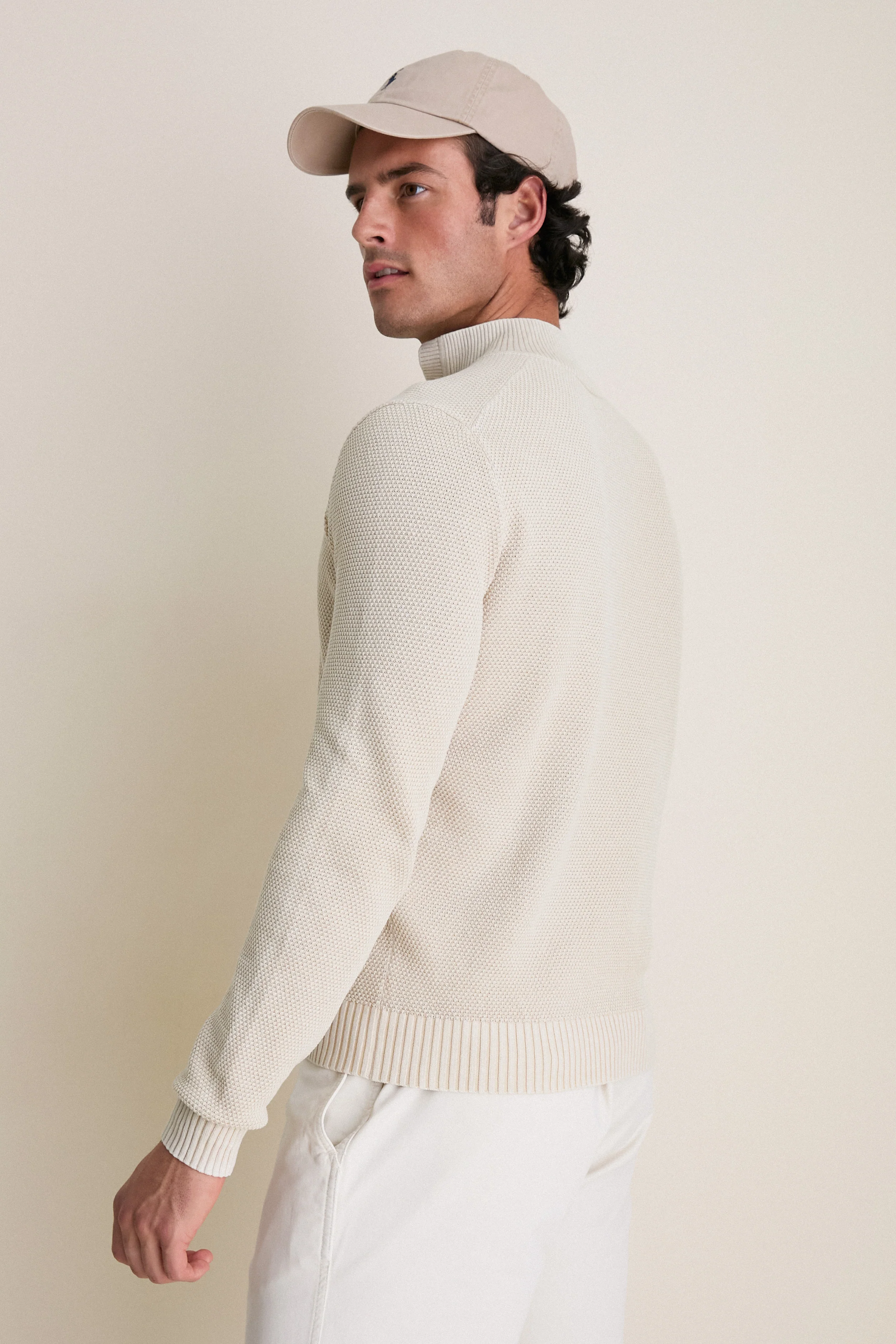 Sand Birdseye Cotton Split-Neck Sweater - Image 3