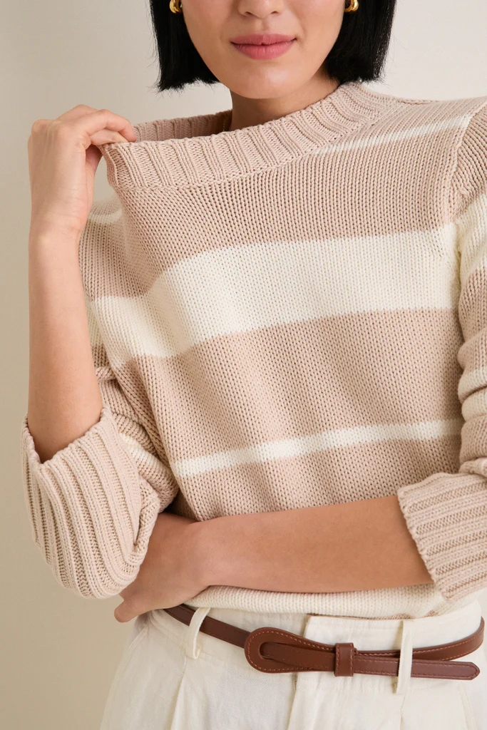 Sandstone and Ivory Stripe Cotton William Crewneck - Image 5
