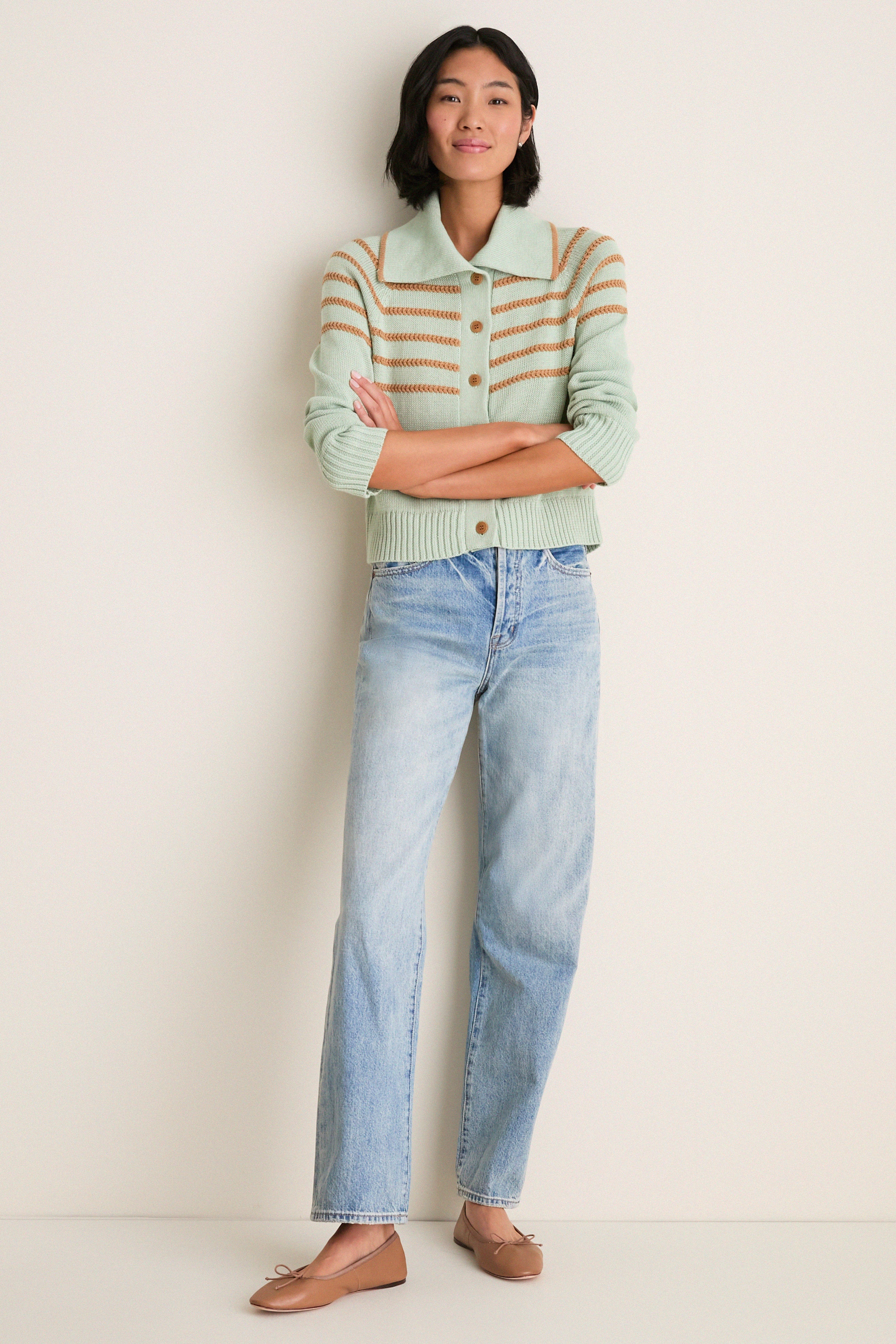 Seafoam Scholar Cardigan with Crochet Stripes - Image 6