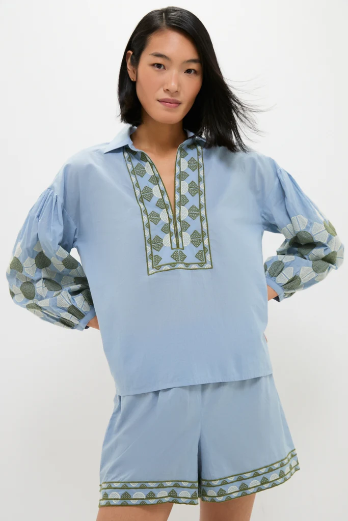 Sky Geometric Embroidered Paget Top