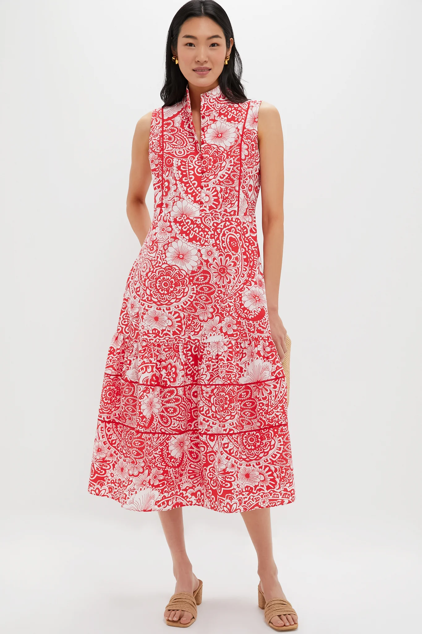 Sleeveless Red & White Floral Hillsborough Midi Dress