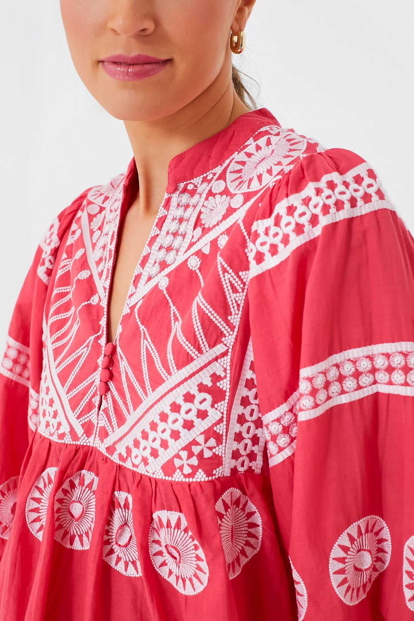 Soleil Red Mandarin Balloon Sleeve Top - Image 5