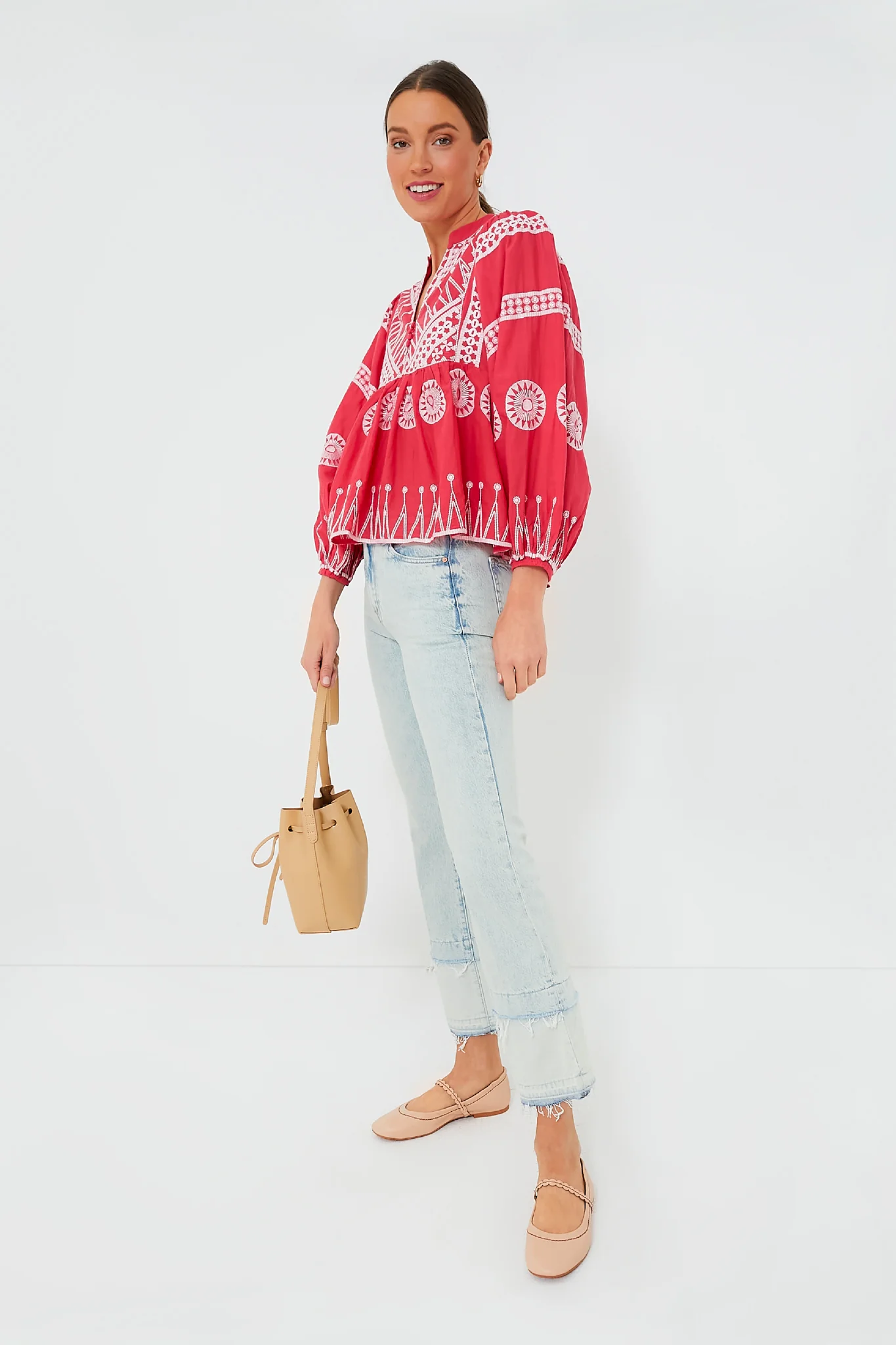 Soleil Red Mandarin Balloon Sleeve Top - Image 6