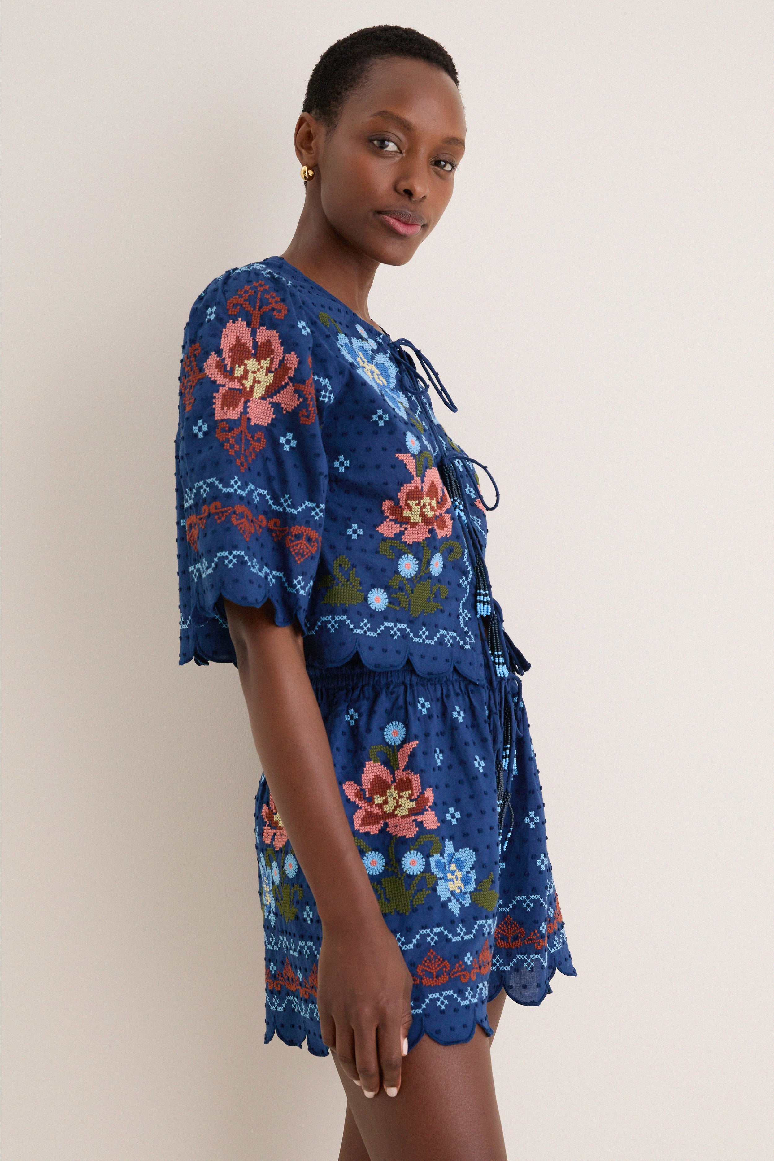 Stitched Garden Dark Blue Tie Front Blouse - Image 3