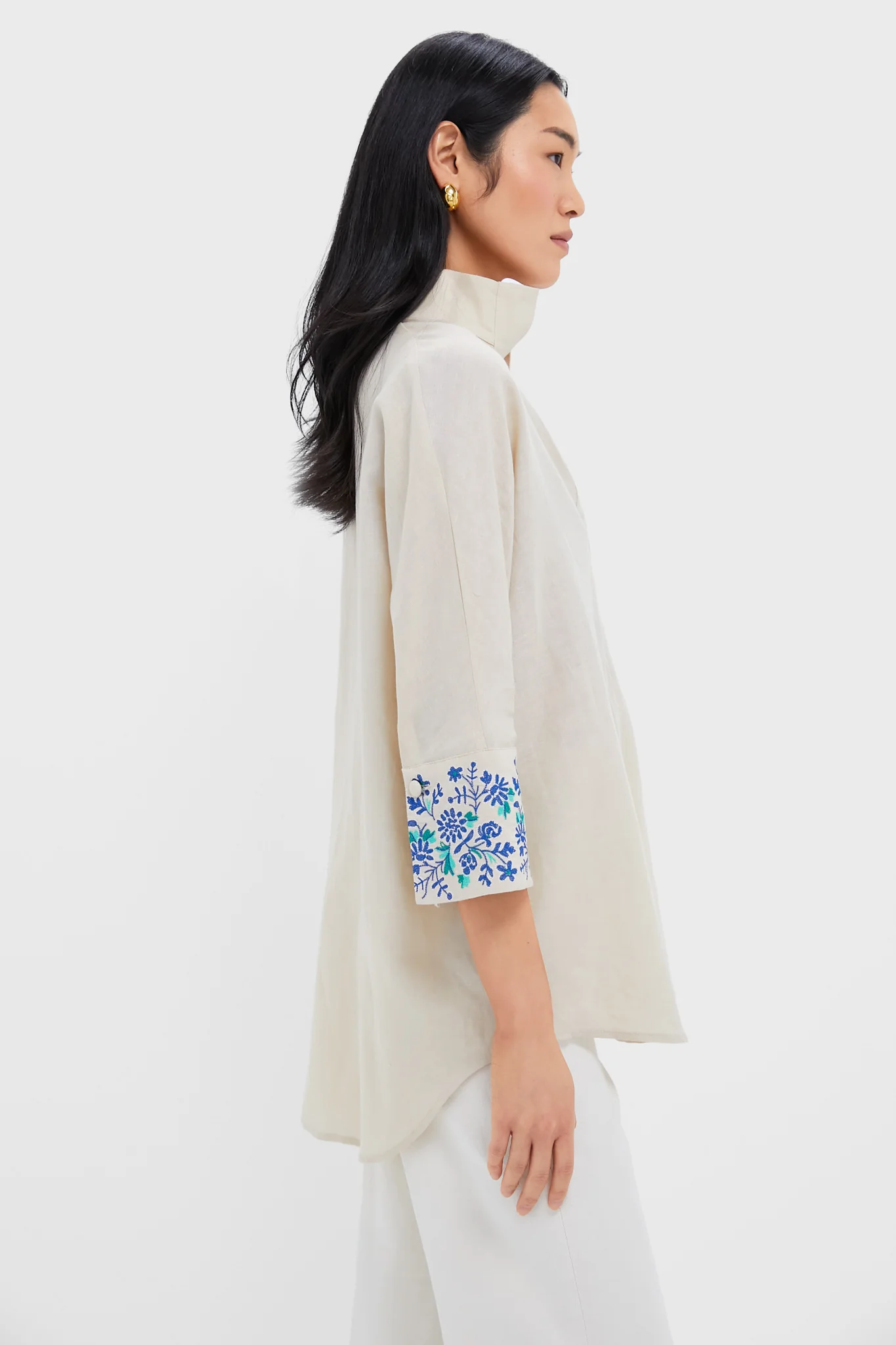 Tan Floral Cuff Cotton Linen Willow Blouse - Image 4