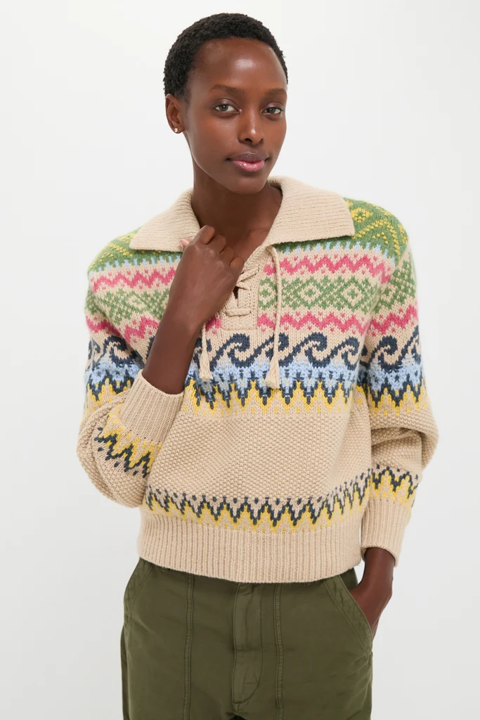Tan Multi Cotton Wool Blend Long Sleeve Tie Pullover