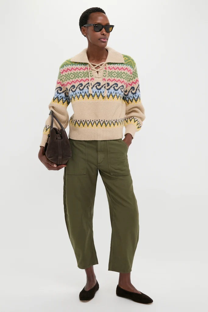 Tan Multi Cotton Wool Blend Long Sleeve Tie Pullover - Image 2