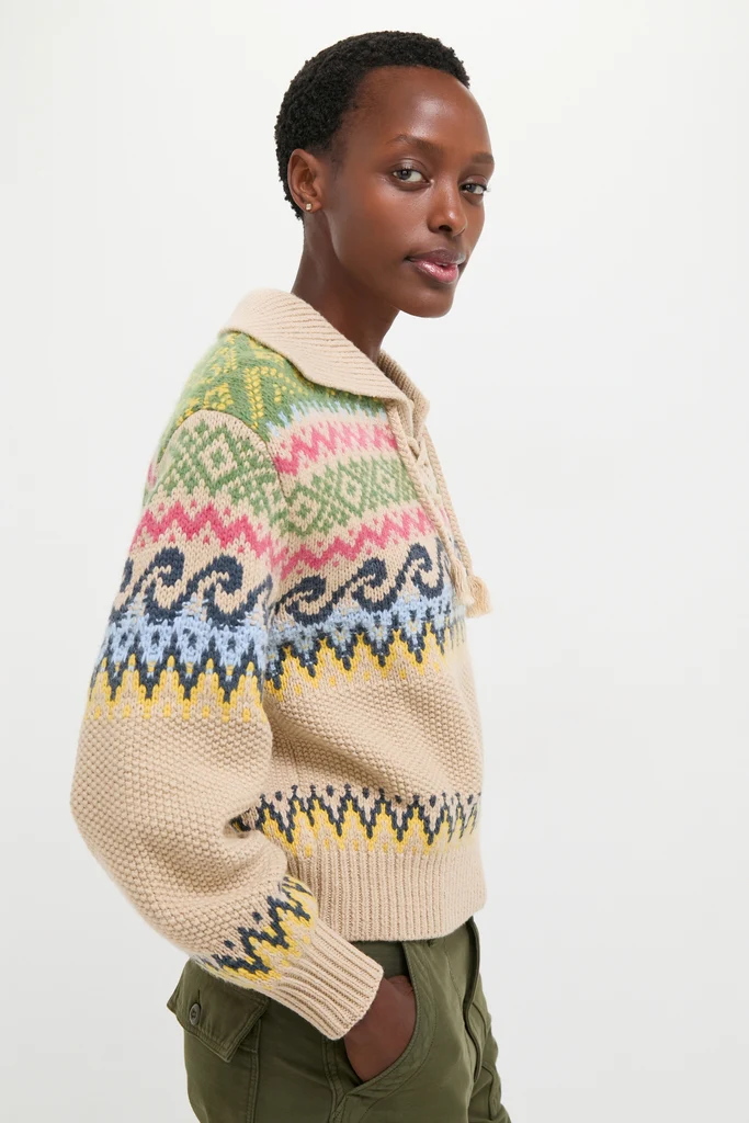 Tan Multi Cotton Wool Blend Long Sleeve Tie Pullover - Image 3
