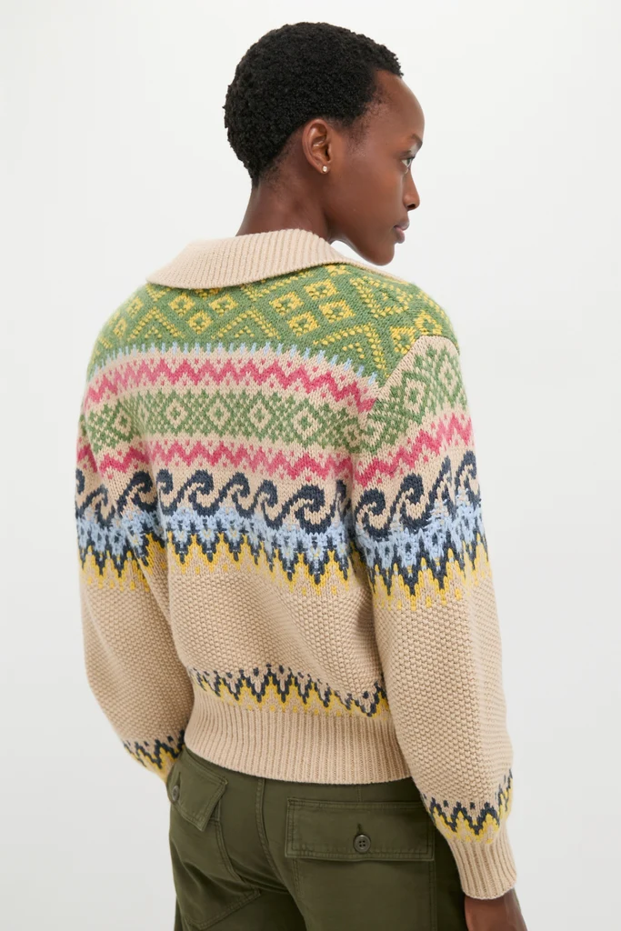 Tan Multi Cotton Wool Blend Long Sleeve Tie Pullover - Image 4