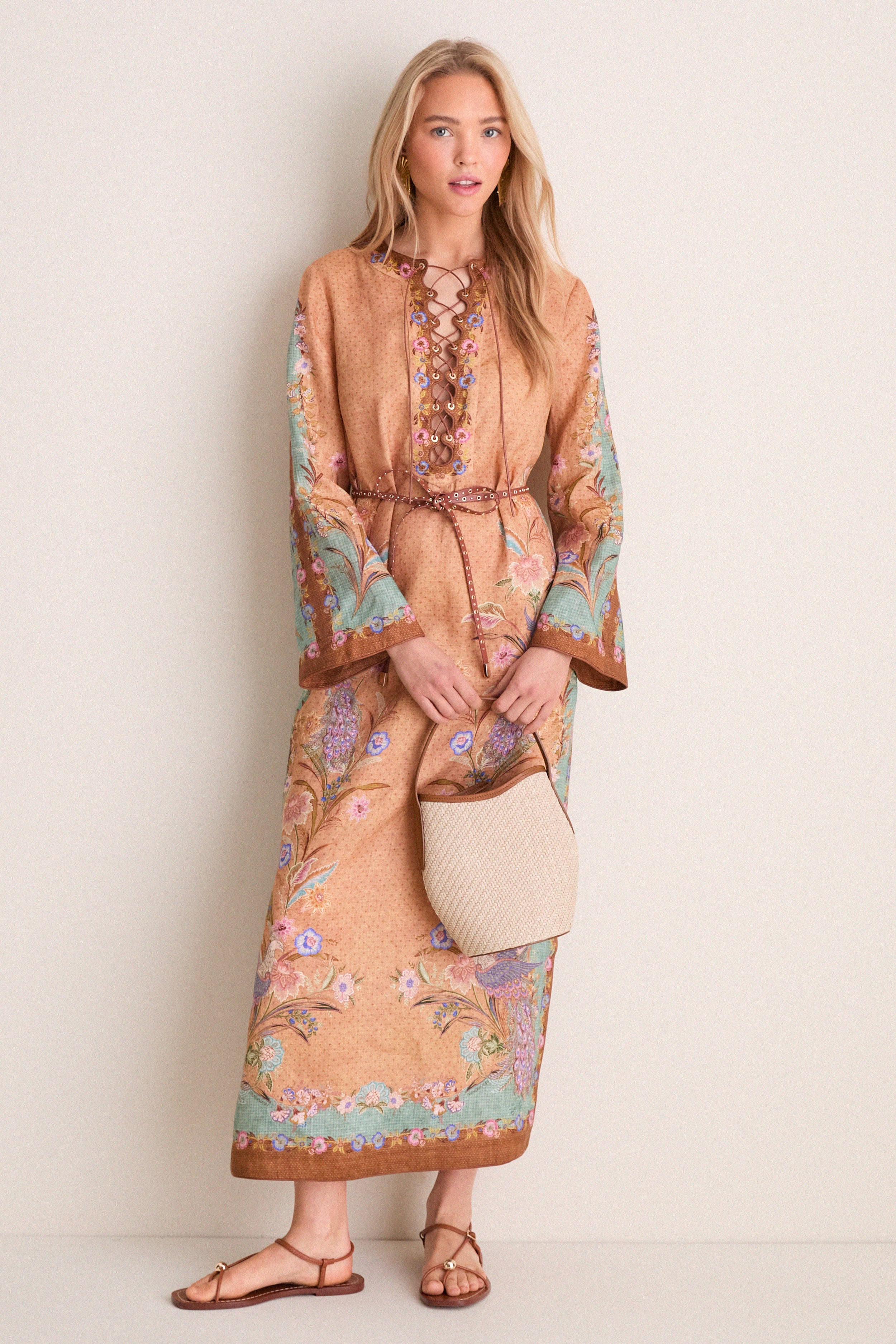 Tan Scarf Floral Indra Tunic Midi Dress - Image 2