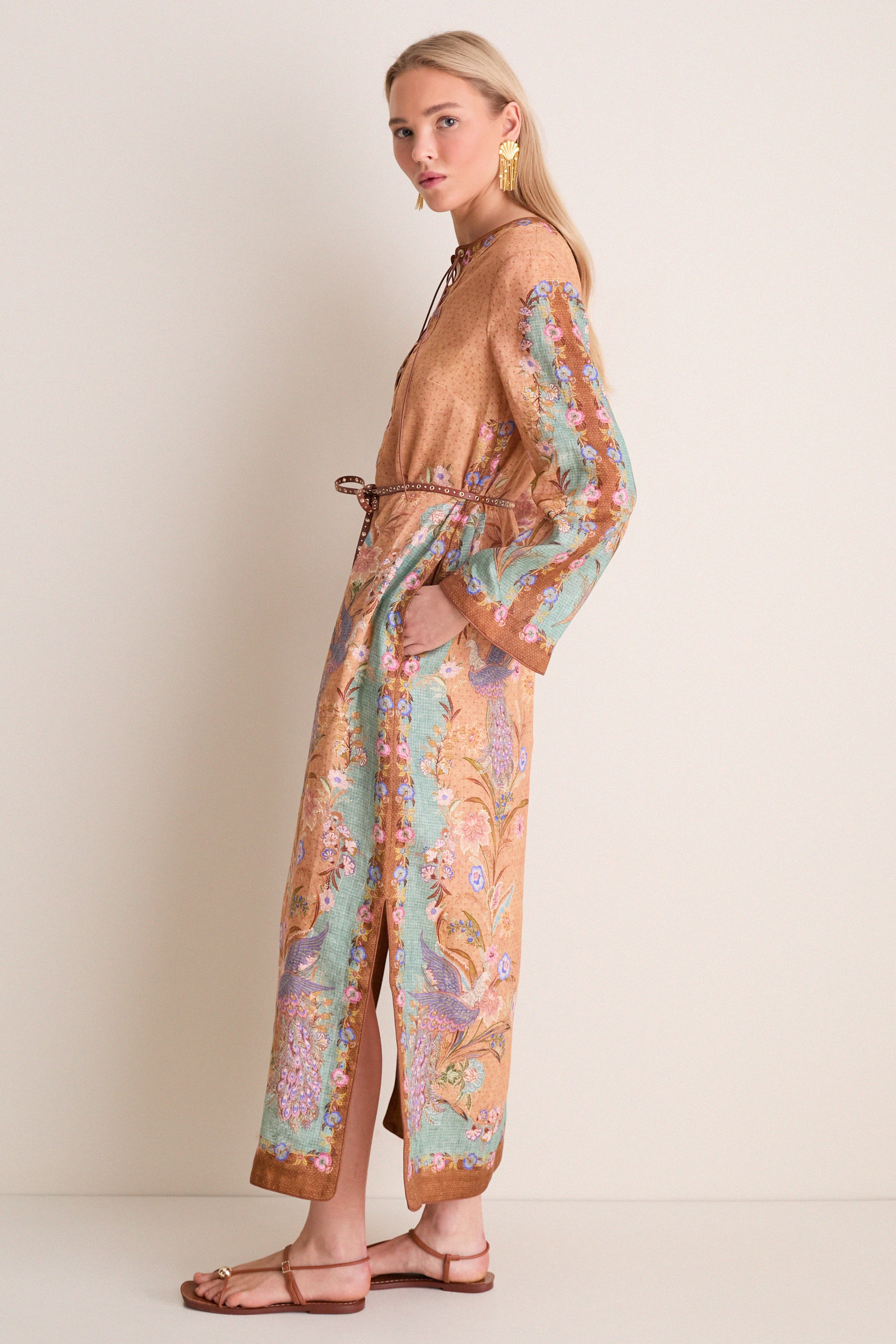 Tan Scarf Floral Indra Tunic Midi Dress - Image 3