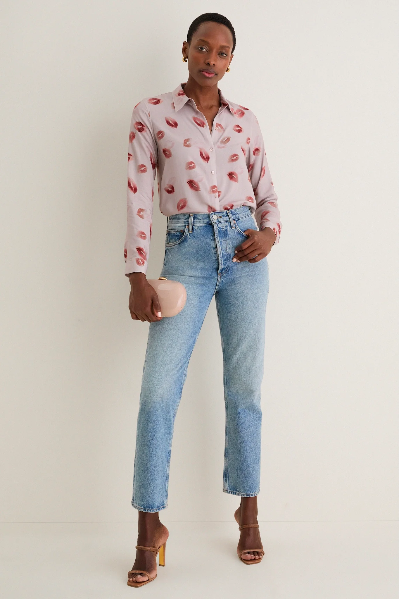 Taupe and Dark Red Kiss Holly Long Sleeve Blouse - Image 2