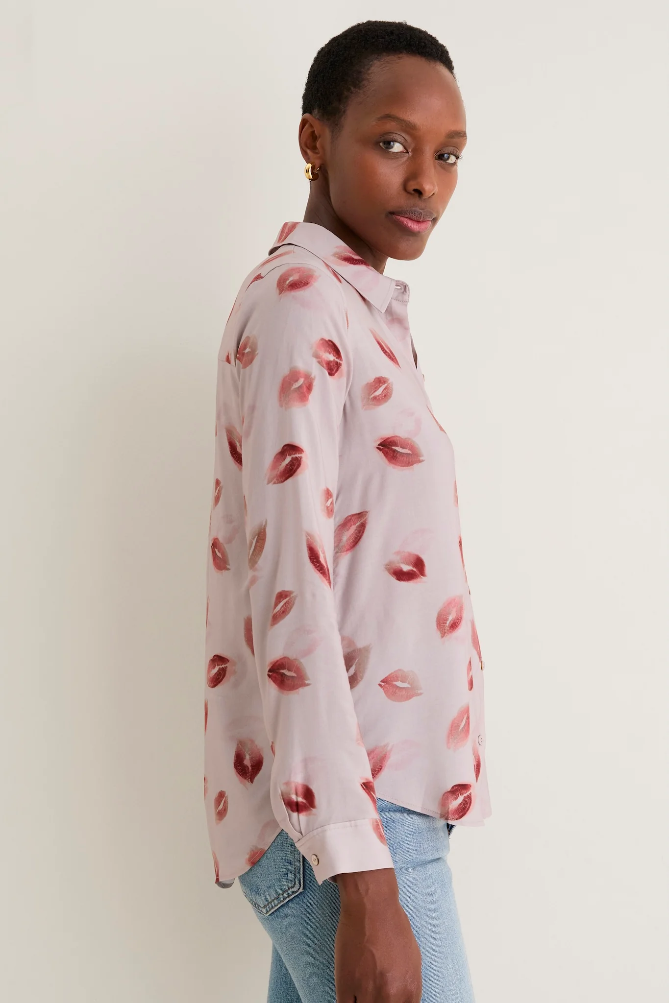 Taupe and Dark Red Kiss Holly Long Sleeve Blouse - Image 3