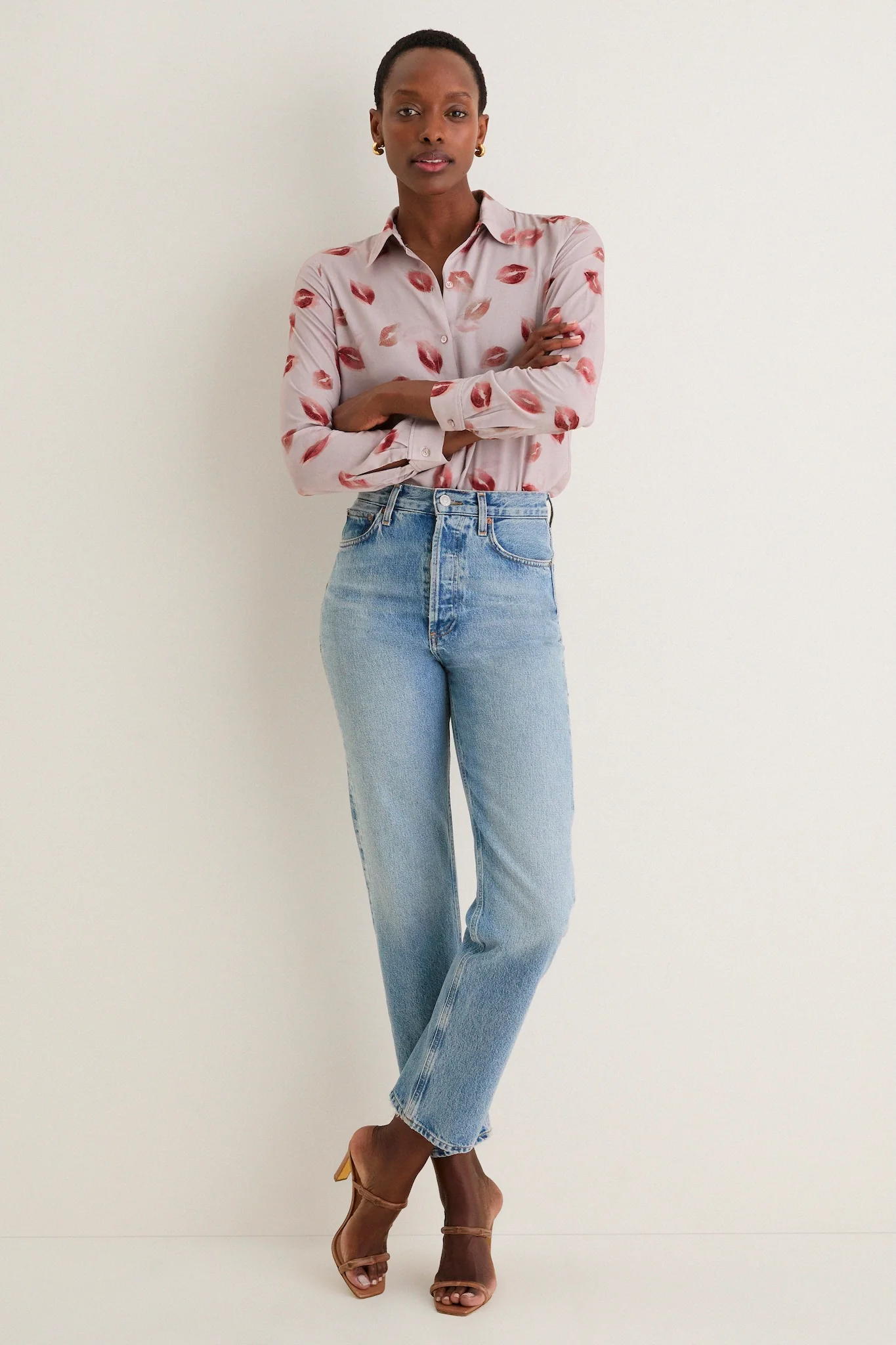 Taupe and Dark Red Kiss Holly Long Sleeve Blouse - Image 6