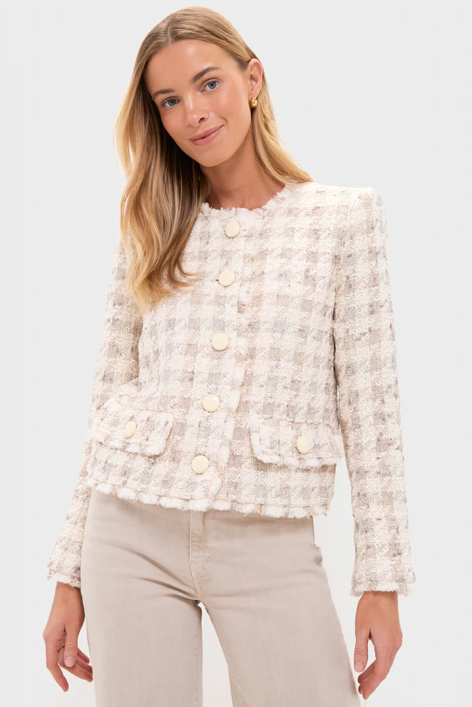 Taupe and Grey Houndstooth Zell Collarless Jacket