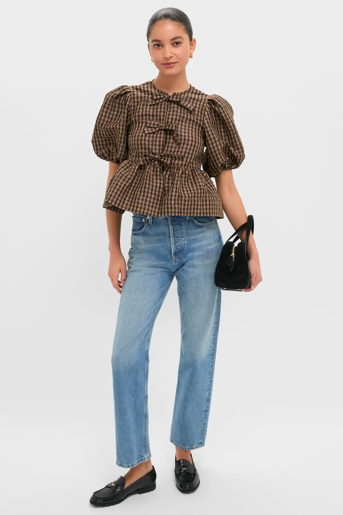 Tobacco Brown Crinkled Taffeta Check Peplum Blouse - Image 2