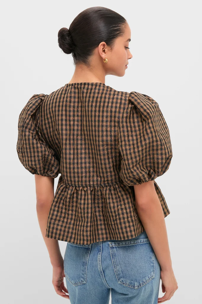 Tobacco Brown Crinkled Taffeta Check Peplum Blouse - Image 4