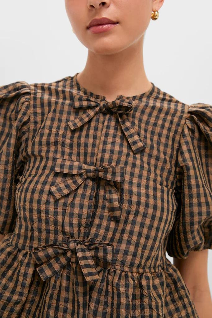Tobacco Brown Crinkled Taffeta Check Peplum Blouse - Image 5