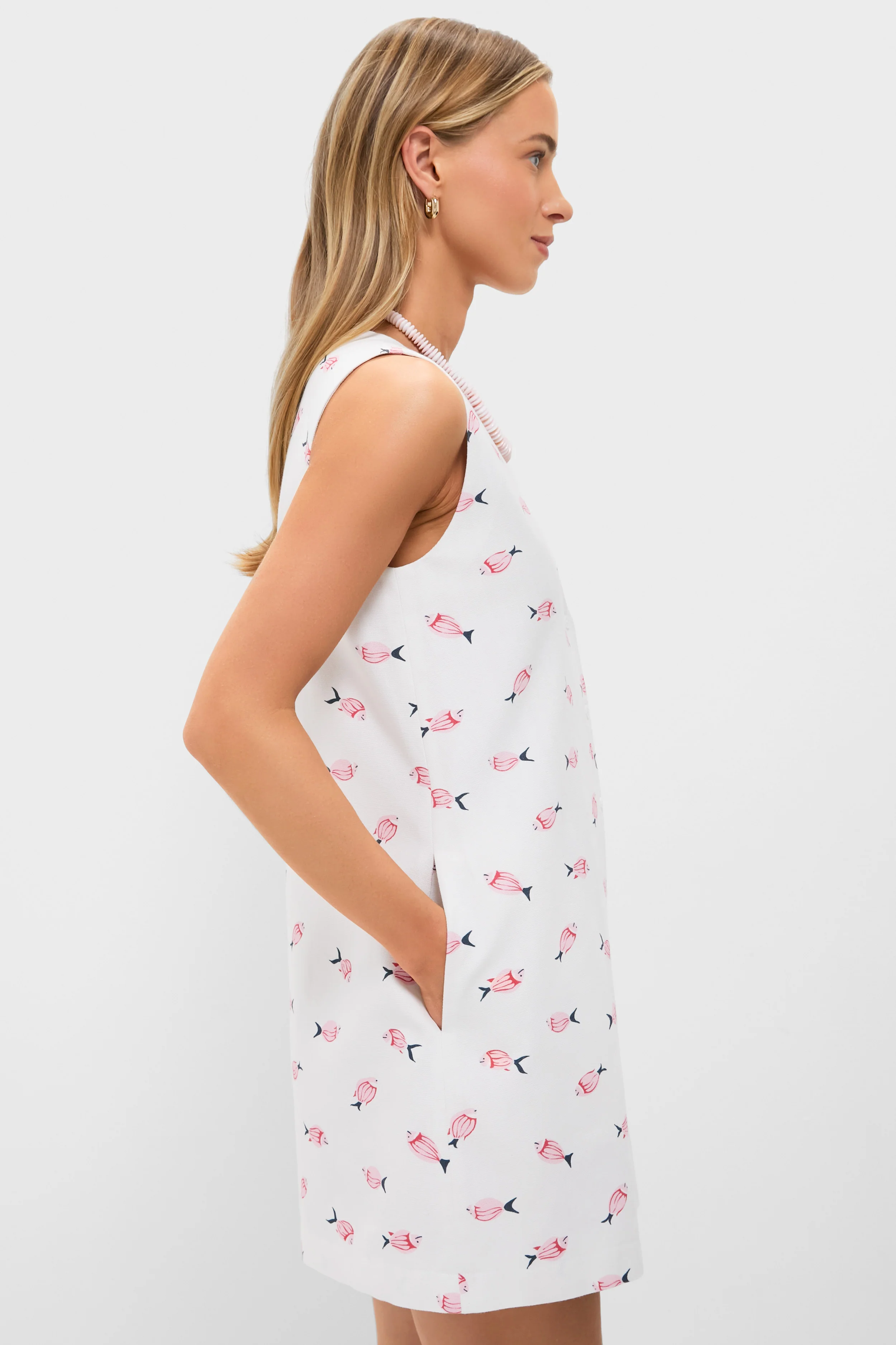 Vintage Red and Pink Fish V-Neck Mini Dress - Image 3