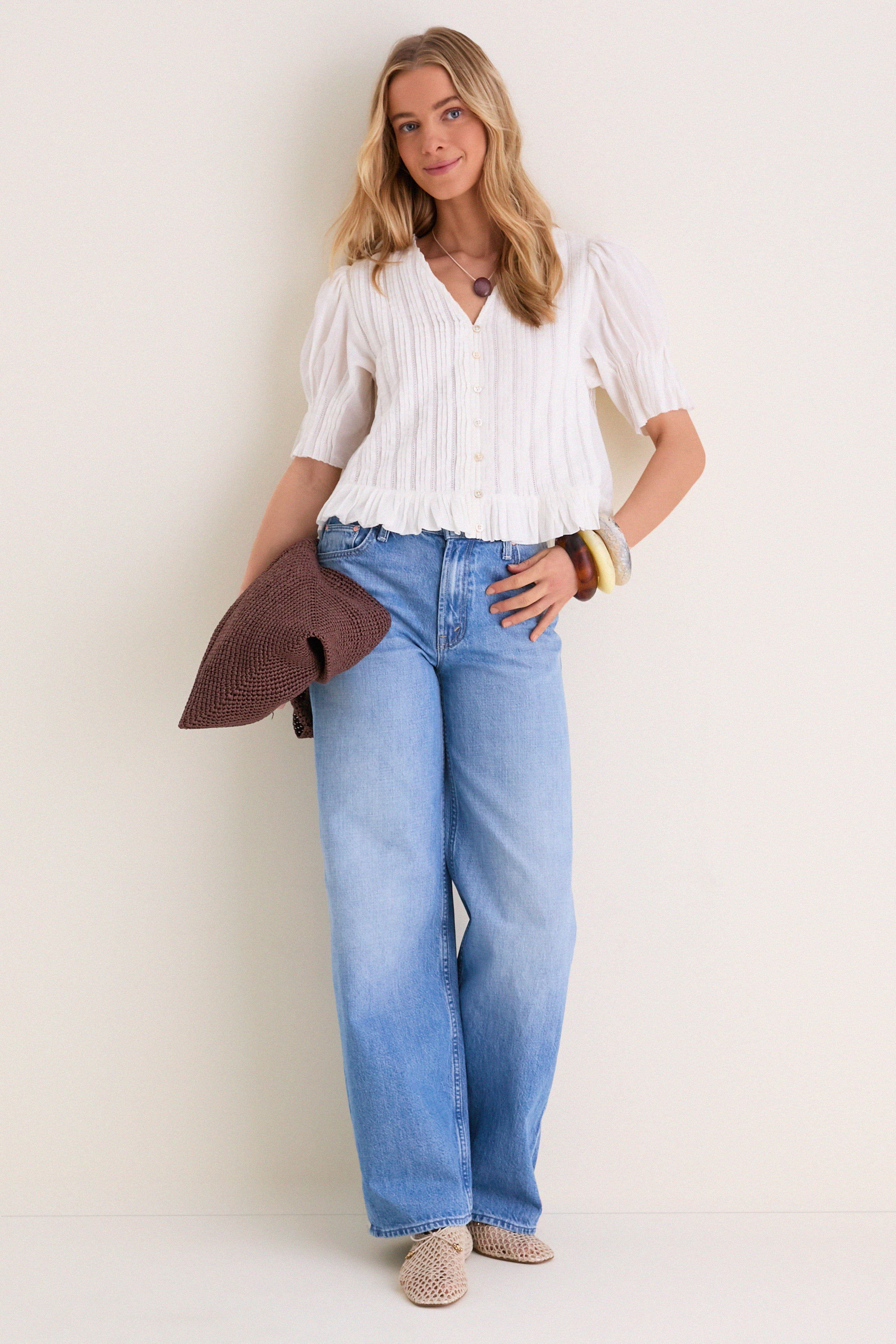 White Alberte Solid Bubble Sleeve Blouse - Image 2