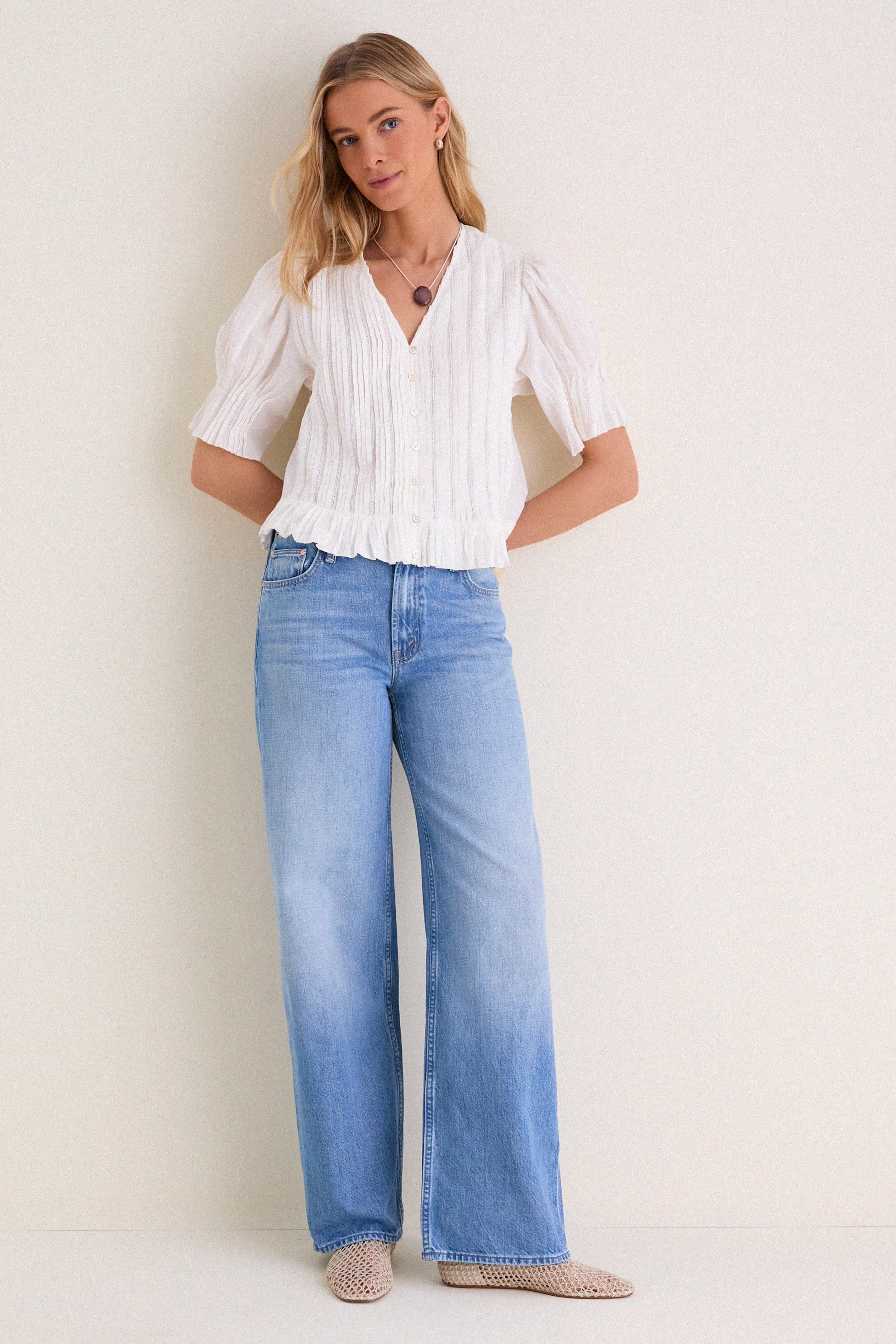 White Alberte Solid Bubble Sleeve Blouse - Image 6