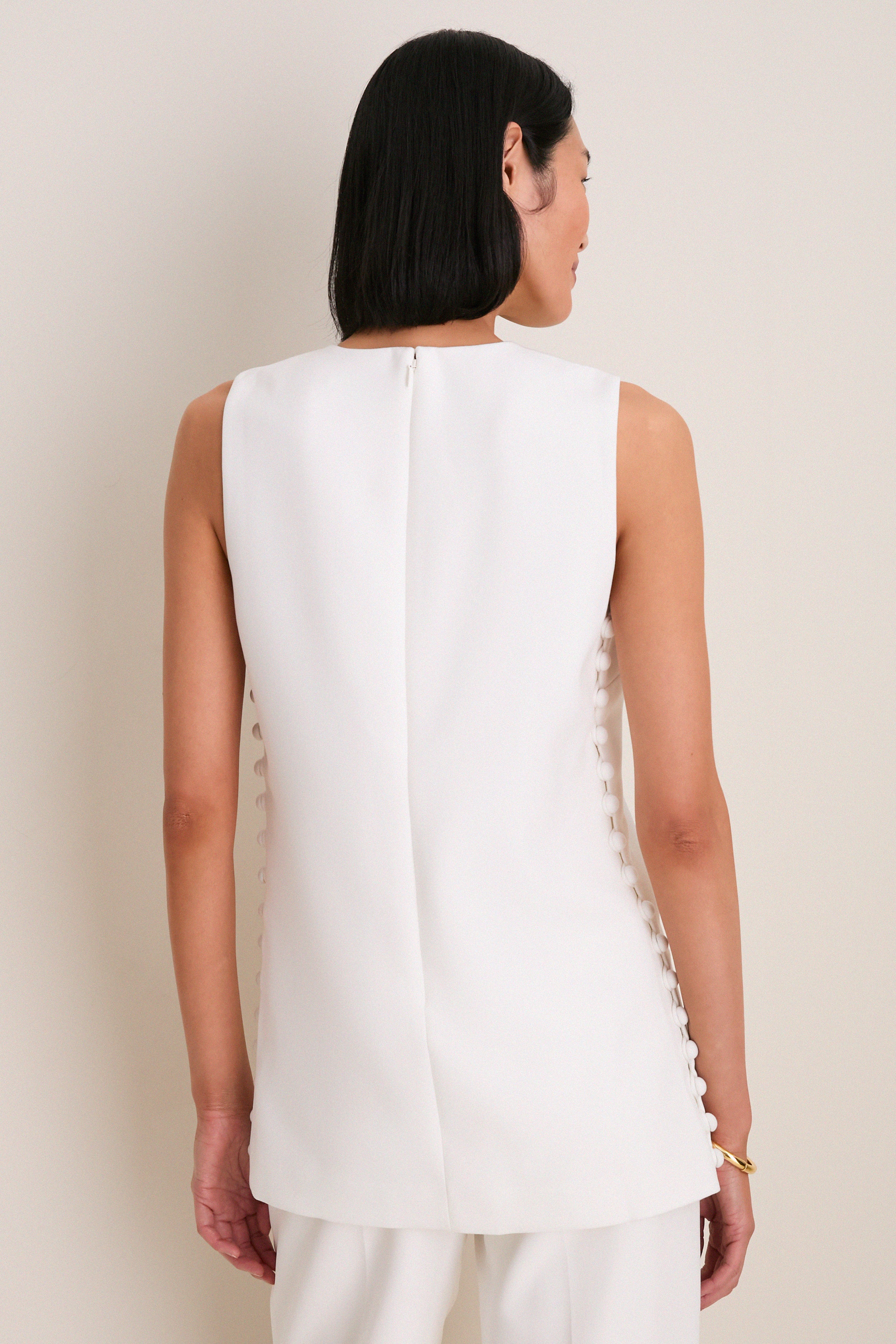 White Crepe Sleeveless Covered Buttons Millie Top - Image 4