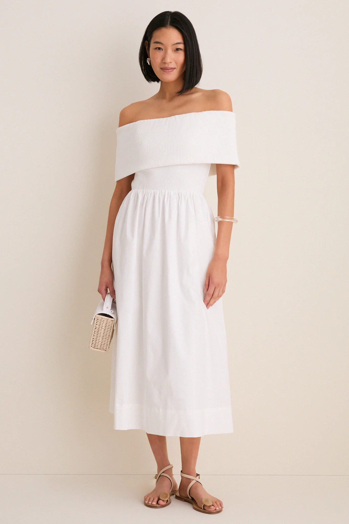 White Marjorie Mixed Media Off The Shoulder Midi Dress - Image 3