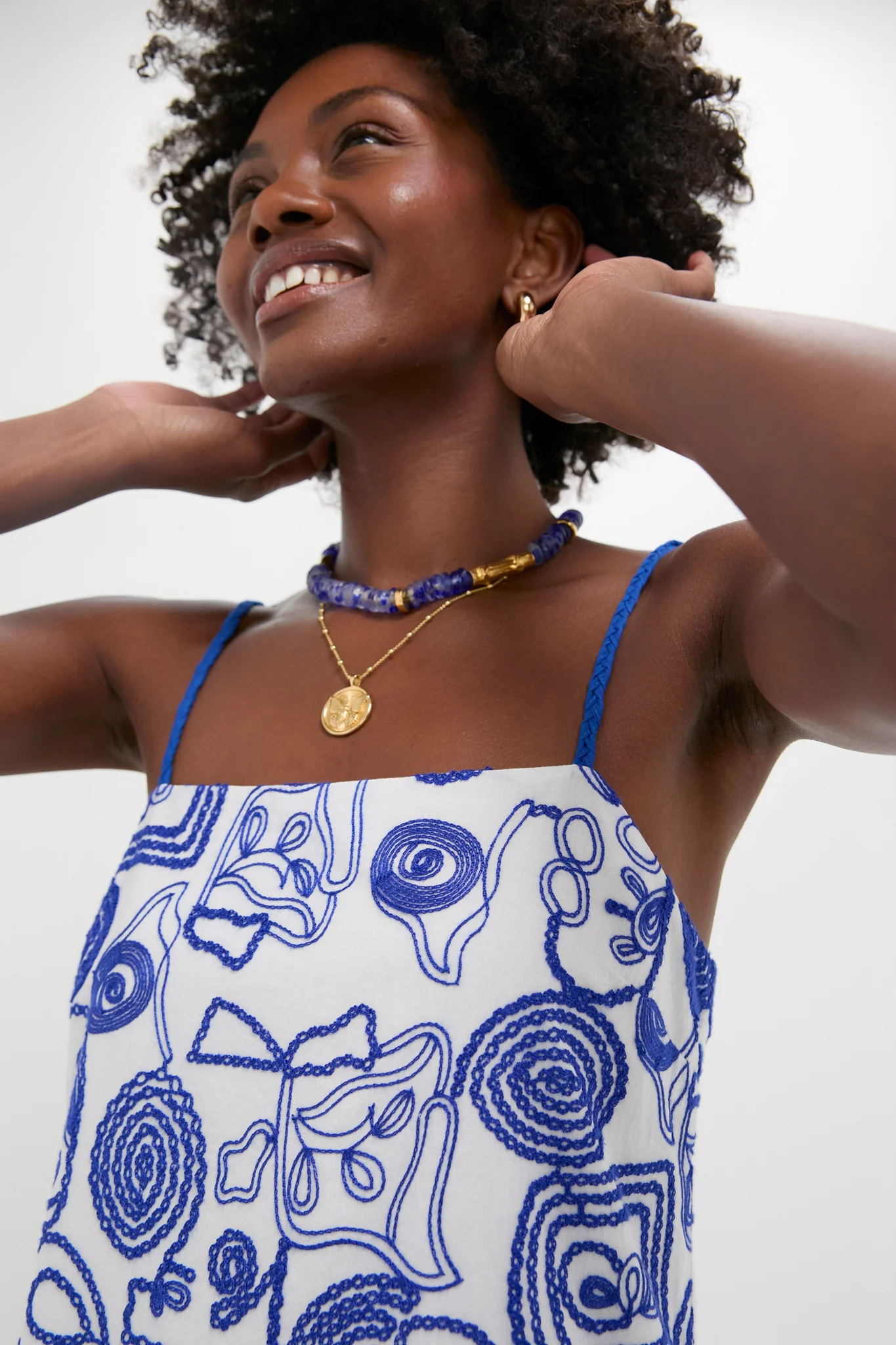 White & Royal Blue Applique Santorini Mini Dress - Image 5