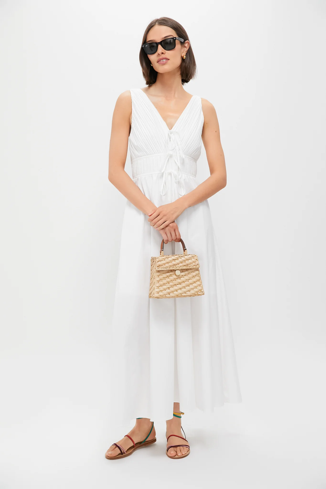 White V-Neck Pleated Midi Dress - Image 2