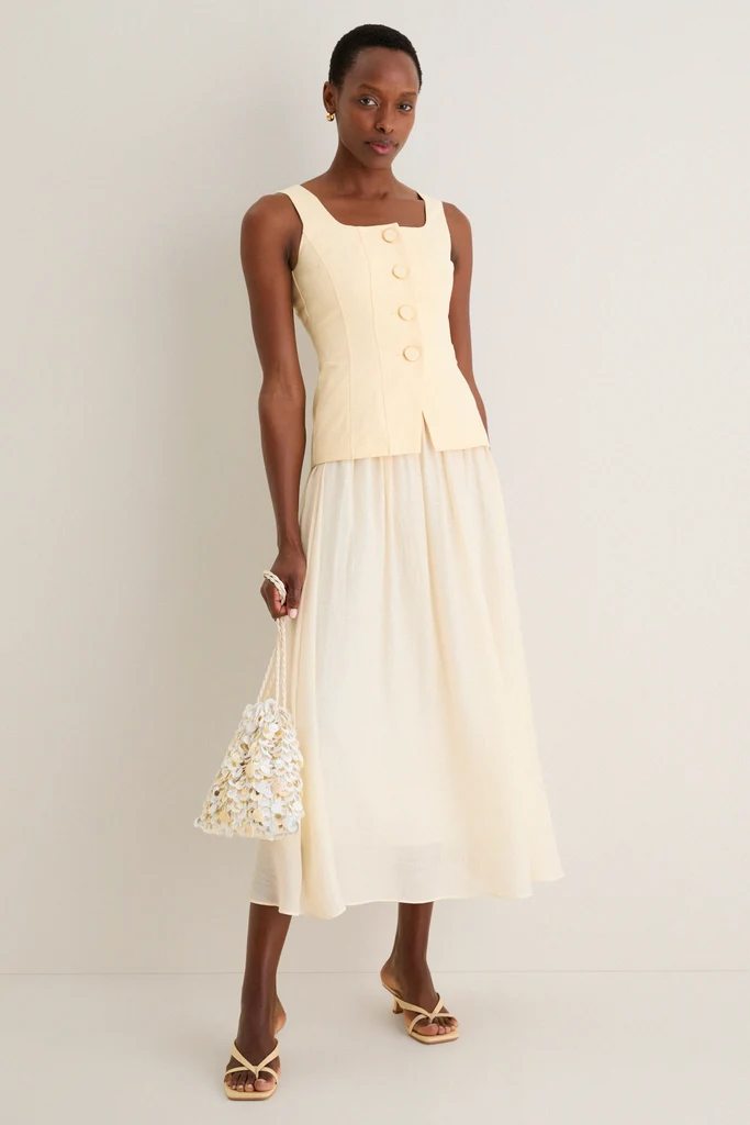 Yellow and Ivory Square Neck Vest Midi Dress - Image 2