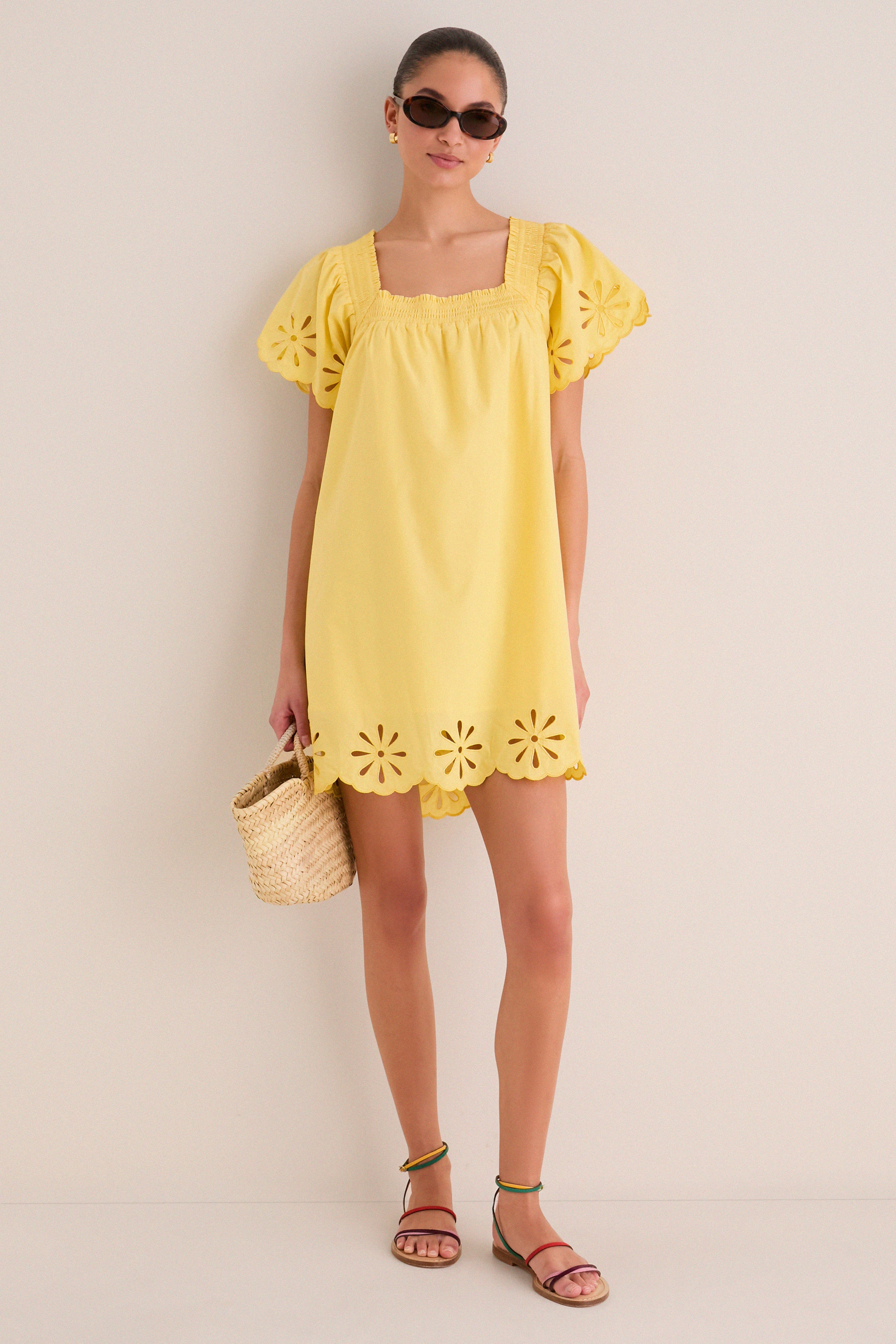 Yellow Floral Eyelet Daisy Mini Dress - Image 2