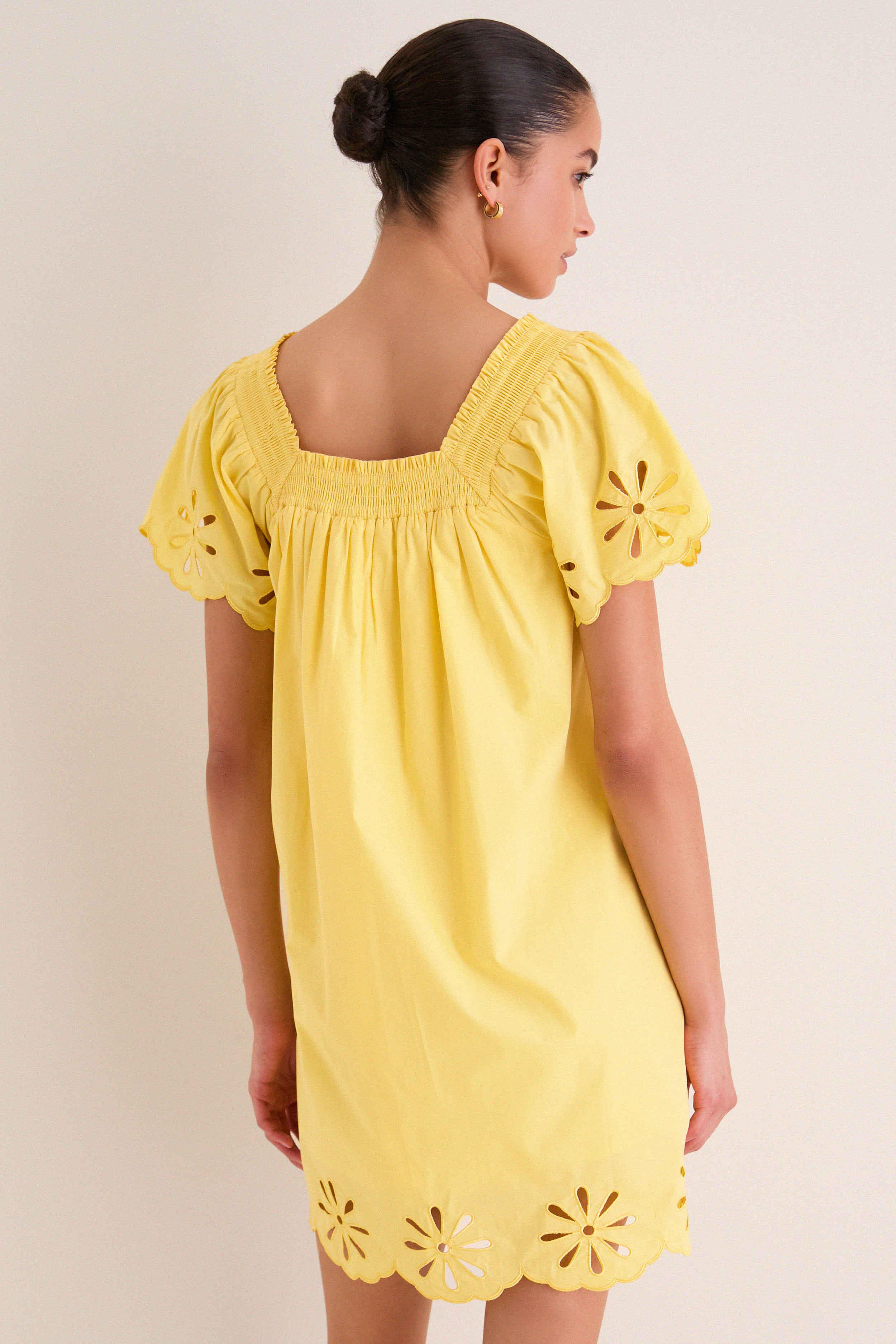 Yellow Floral Eyelet Daisy Mini Dress - Image 4