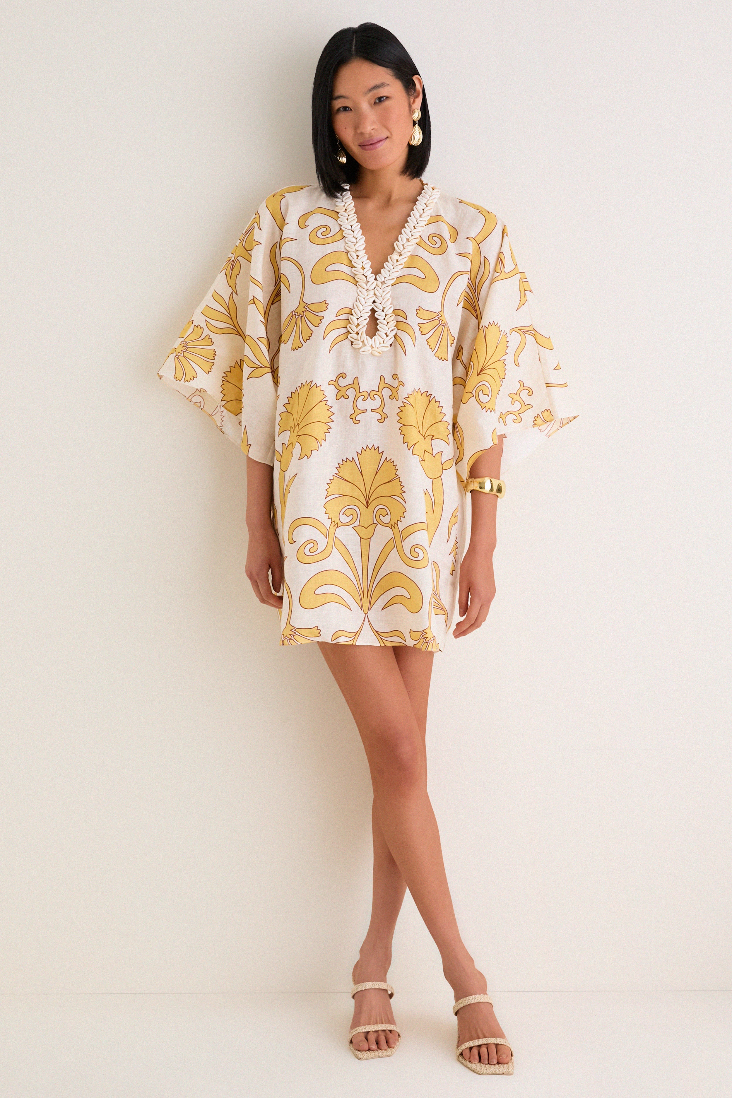 Yellow Flowers Andina Hand-Embroidered Linen Mini Tunic - Image 2