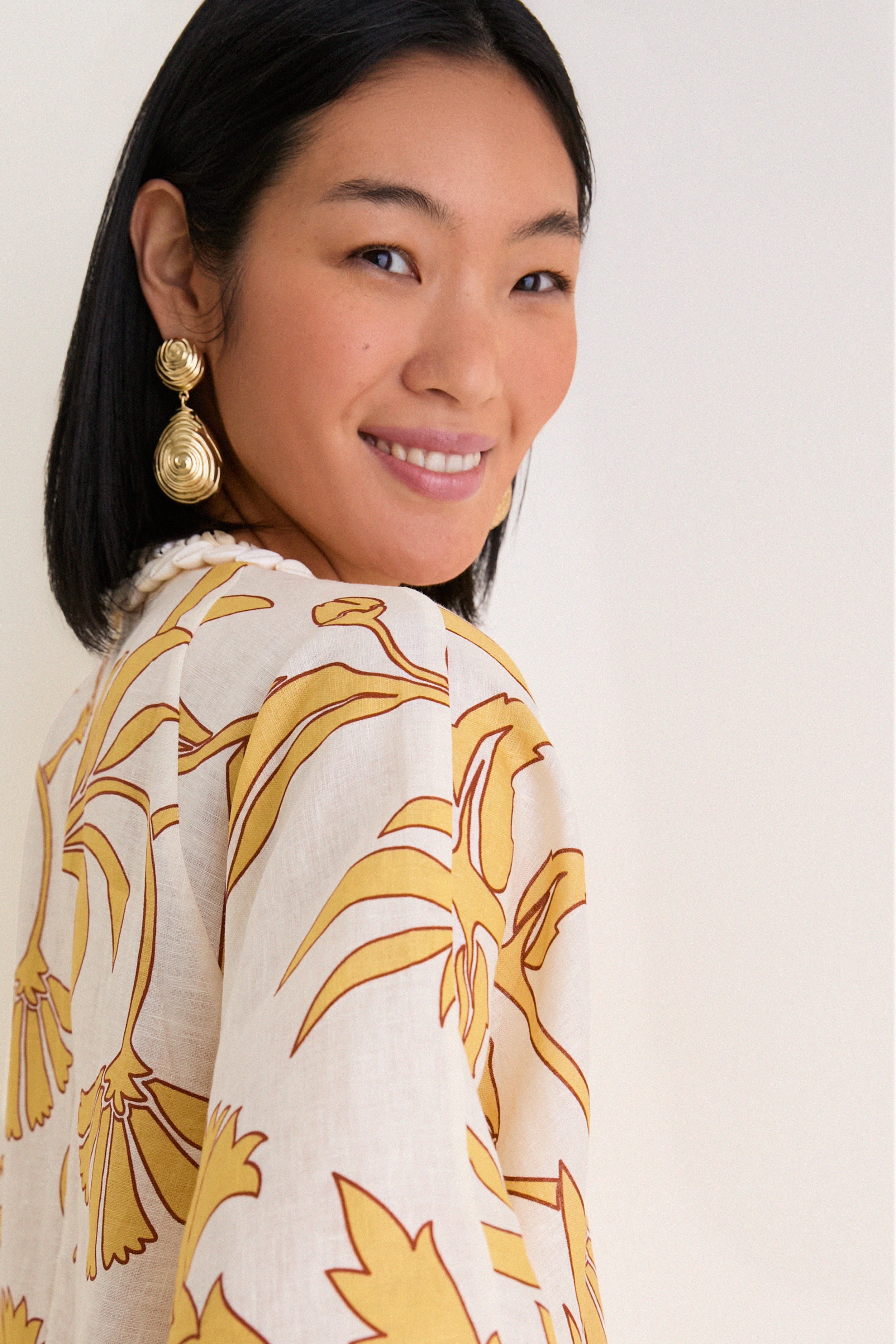 Yellow Flowers Andina Hand-Embroidered Linen Mini Tunic - Image 6